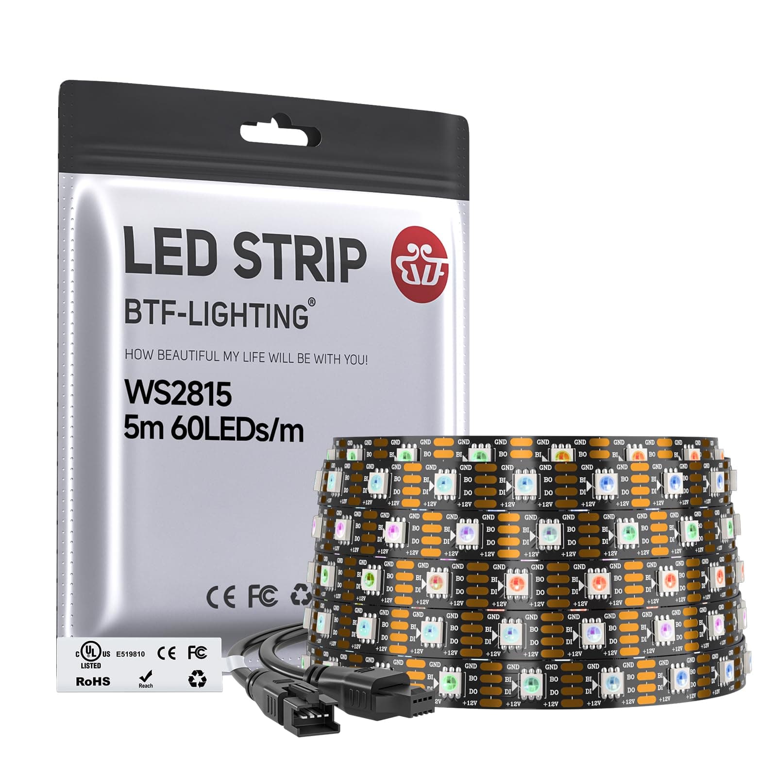 BTF-LIGHTING WS2815 (Upgraded WS2812B) 16.4ft 300 Pixels Magic Dream Color Individually Addressable RGB LED Flexible Strip Light 5050 SMD Dual Signal IP30 Non-Waterproof DC12V Black PCB