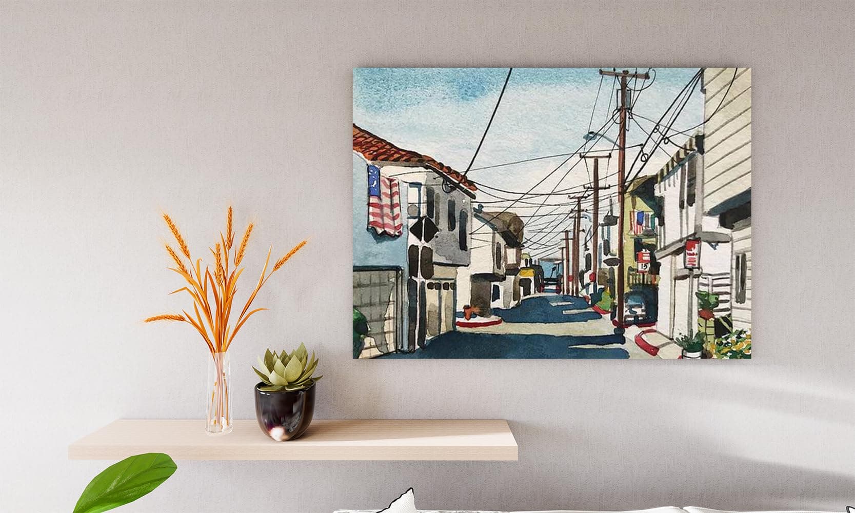 VERRE ART Printed Framed Canvas Painting for Home Decor Office Wall Studio Wall Living Room Decoration (14x10inch Wrapped) - Manhattan Beach Cables Galore Print