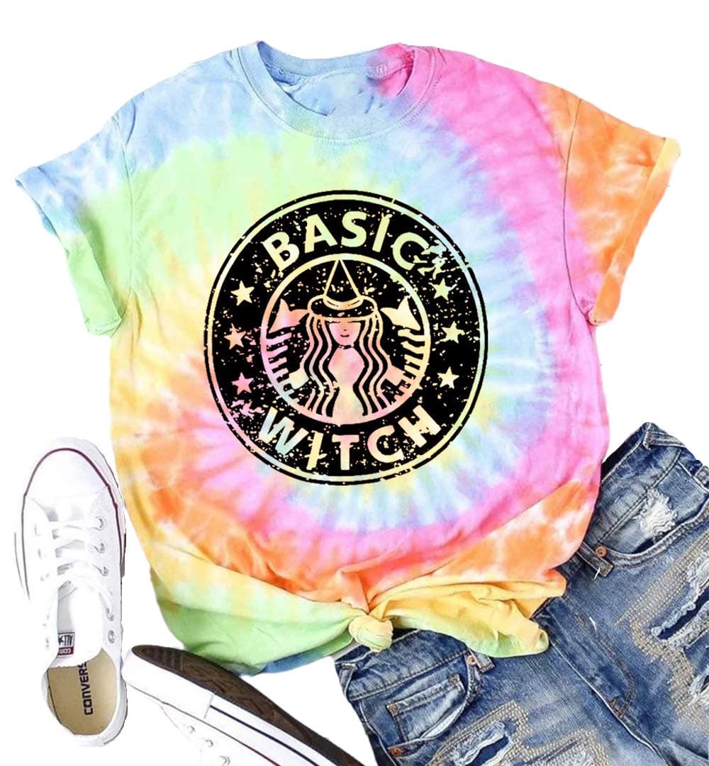 KALOXI Women Tie Dye Shirt Basic Witch T-Shirt Funny Tops Graphic Print Halloween Shirts
