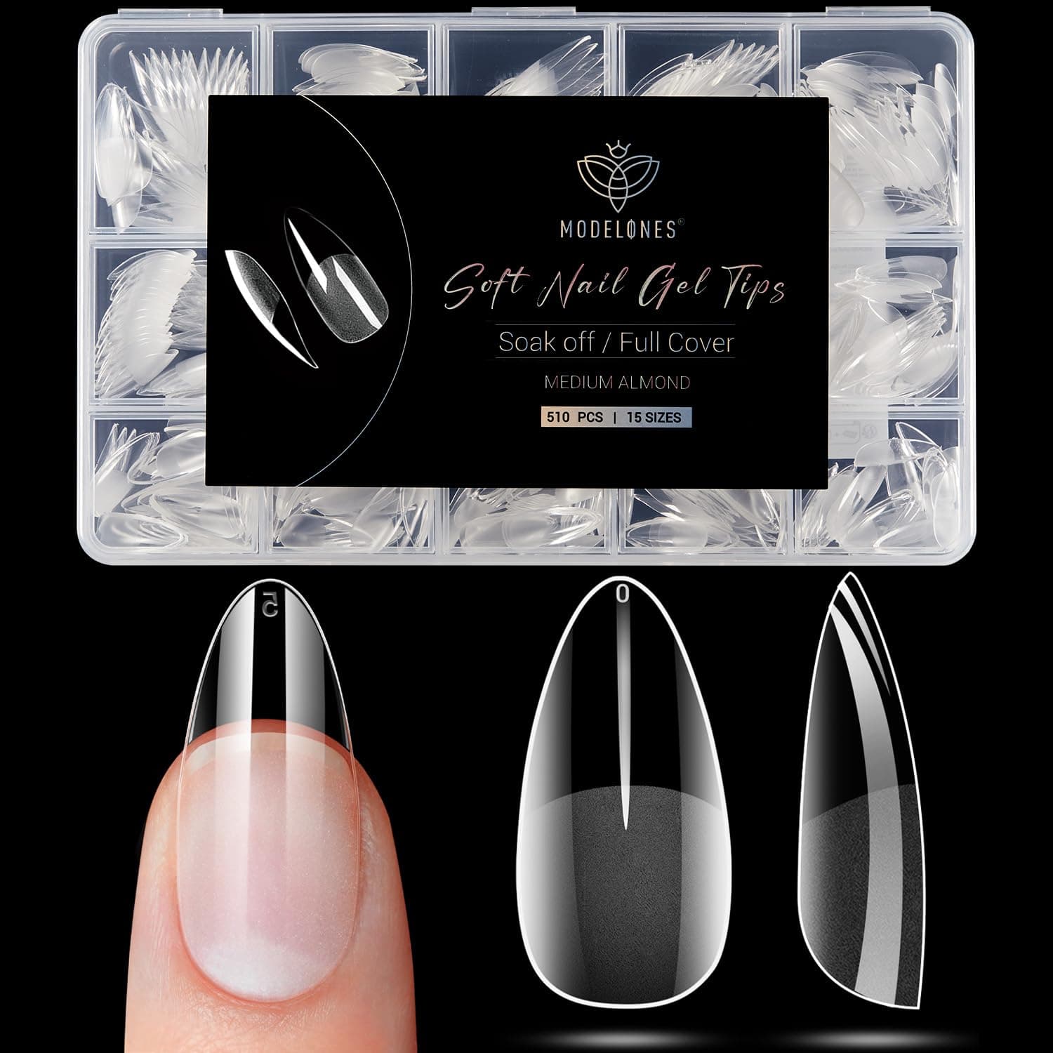 Almond Fake Nail Tips -510Pcs Medium Soft Gel Nail Tips Almond Shape Pre Etched Half Matte Full Cover Clear Acrylic Gel Kit False Press on for Extension Manicure Salon DIY at Home 15 Sizes