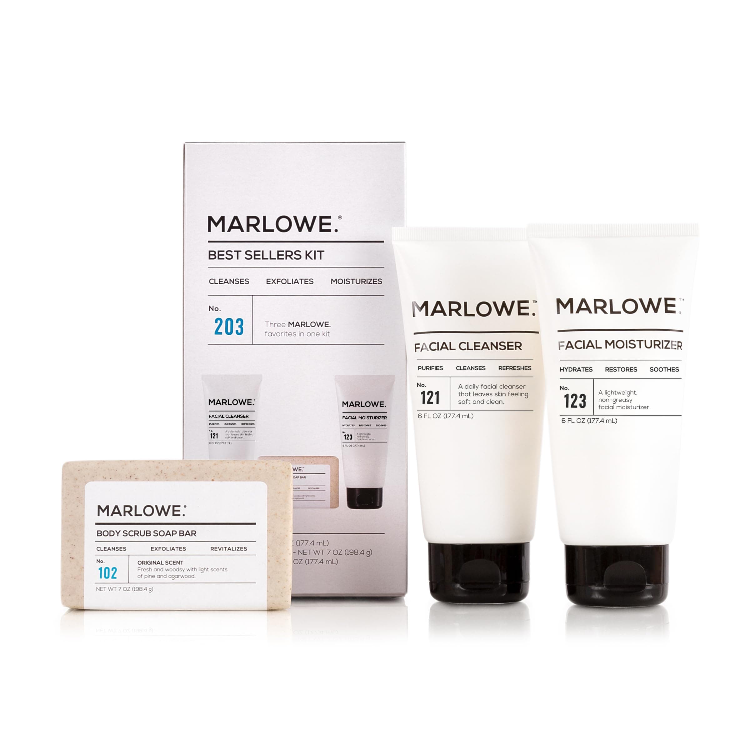 MARLOWE. Best Sellers Kit No. 203, Features Signature No. 102 Original Body Scrub Soap Bar, No. 121 Facial Cleanser & No. 123 Facial Moisturizer, Great Gift for Men