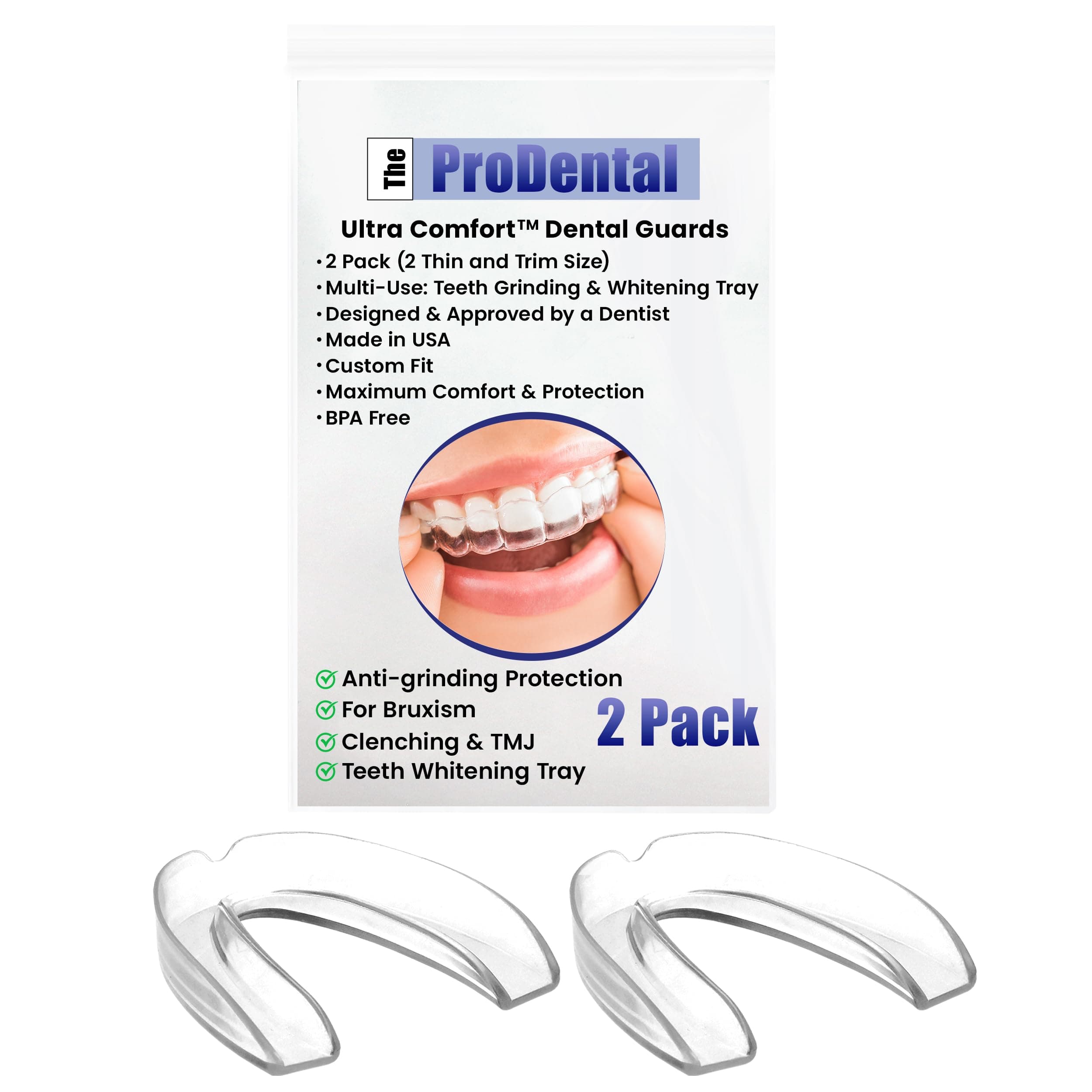 Mouth Guard for Grinding Teeth - 2 Pack, Made in USA, Thin and Trim Anti Grinding Night Guard - Teeth Whitening Dental Tray, Stops Bruxism - Teeth Clenching, No BPA