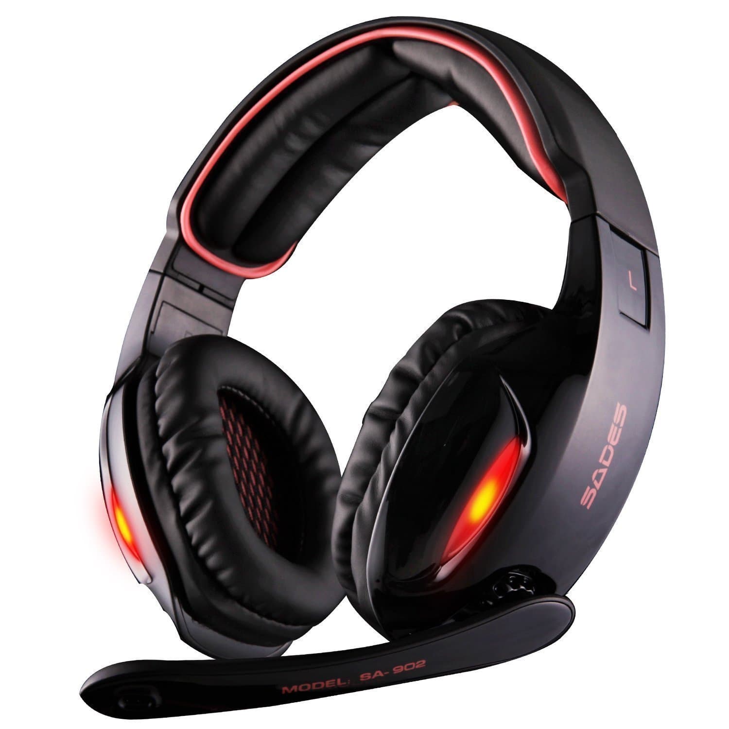 SADES SA902 7.1 Channel Virtual USB Surround Stereo Wired PC Gaming Headset Over Ear Headphones with Mic Revolution Volume Control Noise Canceling LED Light (Black/Red)