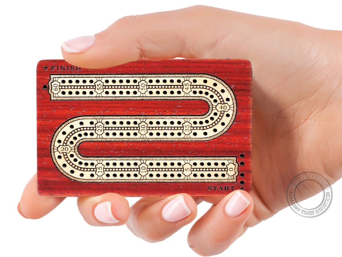 2 Track - Wooden Travel - Pocket Size Loop Design Cribbage Board - 4.75 Inch - Bloodwood/Maple Wood - Storage Space for Cribbage Pegs - 60 Points - Non Continuous