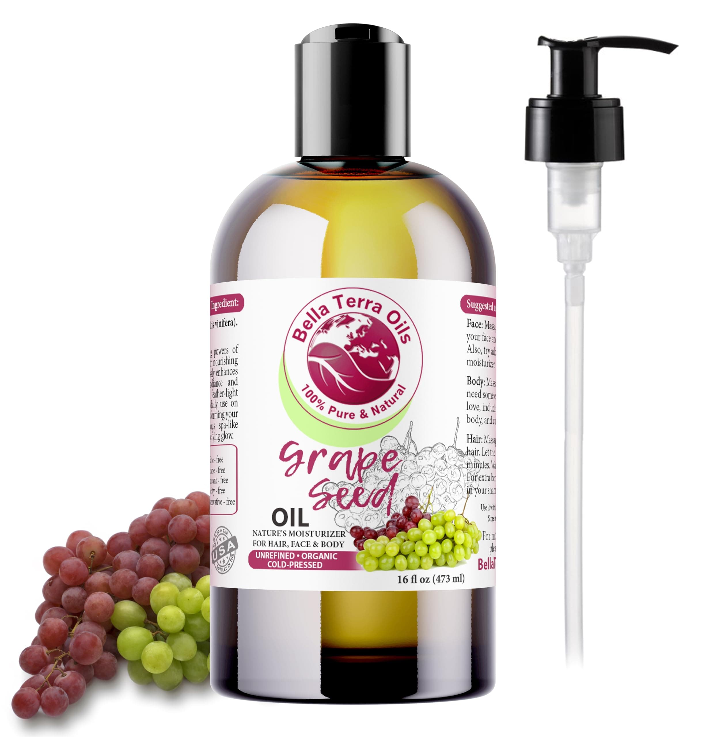 Bella Terra Oils - Organic Grape Seed Oil 16oz - Pure Organic Grape Extract, Enriched with Vitamin E & Resveratrol, Your Key to Luxurious Skin Care