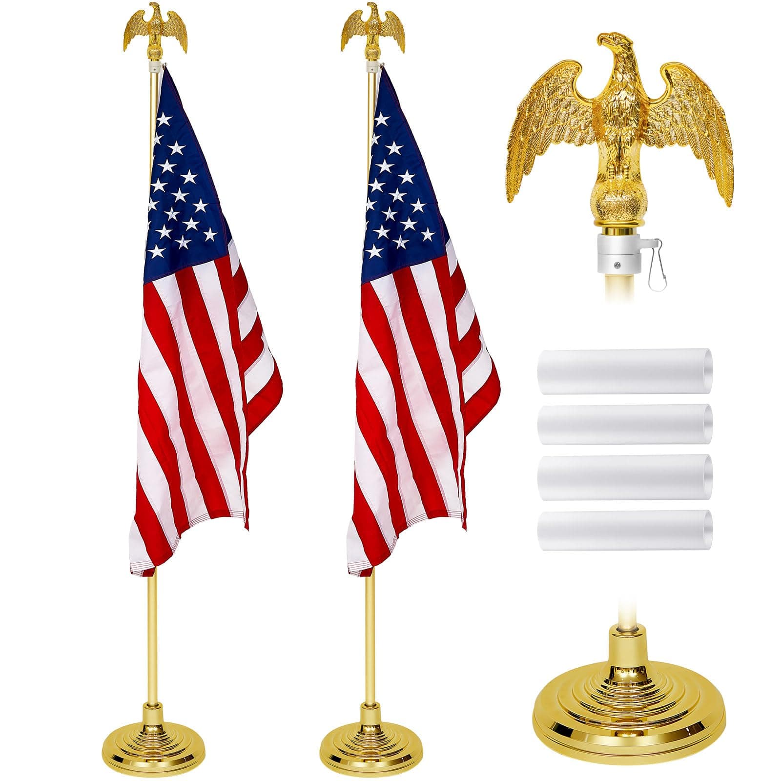 Shimeyao 2 Pack 8 ft Indoor Flag Pole Set with Base and Eagle Topper, Telescoping Flagpole with Stand Holder for Office, Hall and City Display, Flag Not Included(Gold,Aluminum)