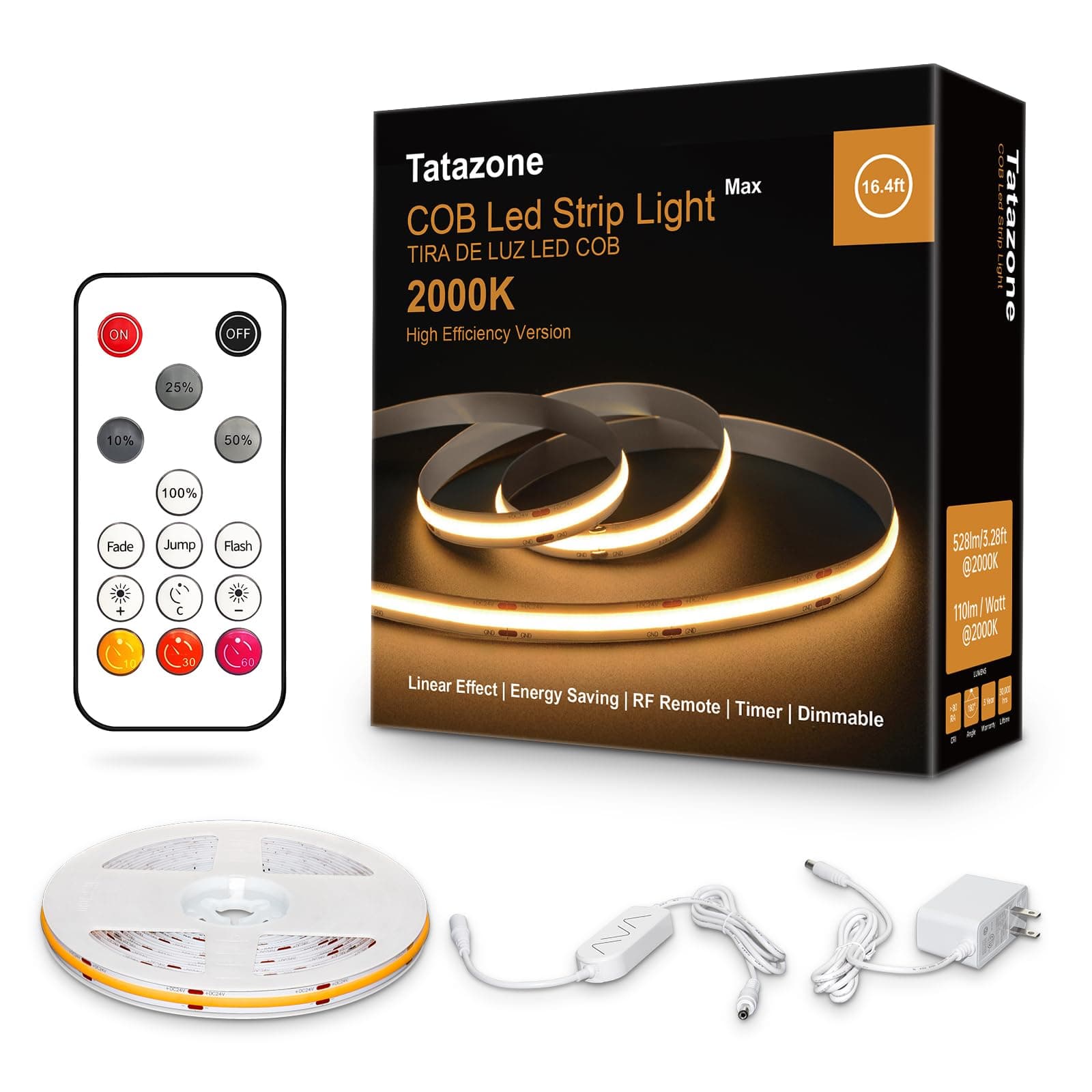 Orange Color COB Led Strip Lights with RF Remote, 16.4ft 2000K Dimmable Bright Dotless Yellow Led Light Strip, Adhesive Indoor Gold Yellow Led Lights for Cabinet, Living Room