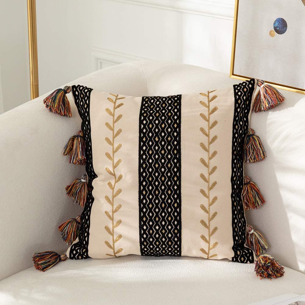 Boho Moroccan Decorative Embroidered Throw Pillow Cover,Gold Leaf with Geometric Design Tassel Cushion Case for Couch Sofa Bed Accent (18x18 inch)