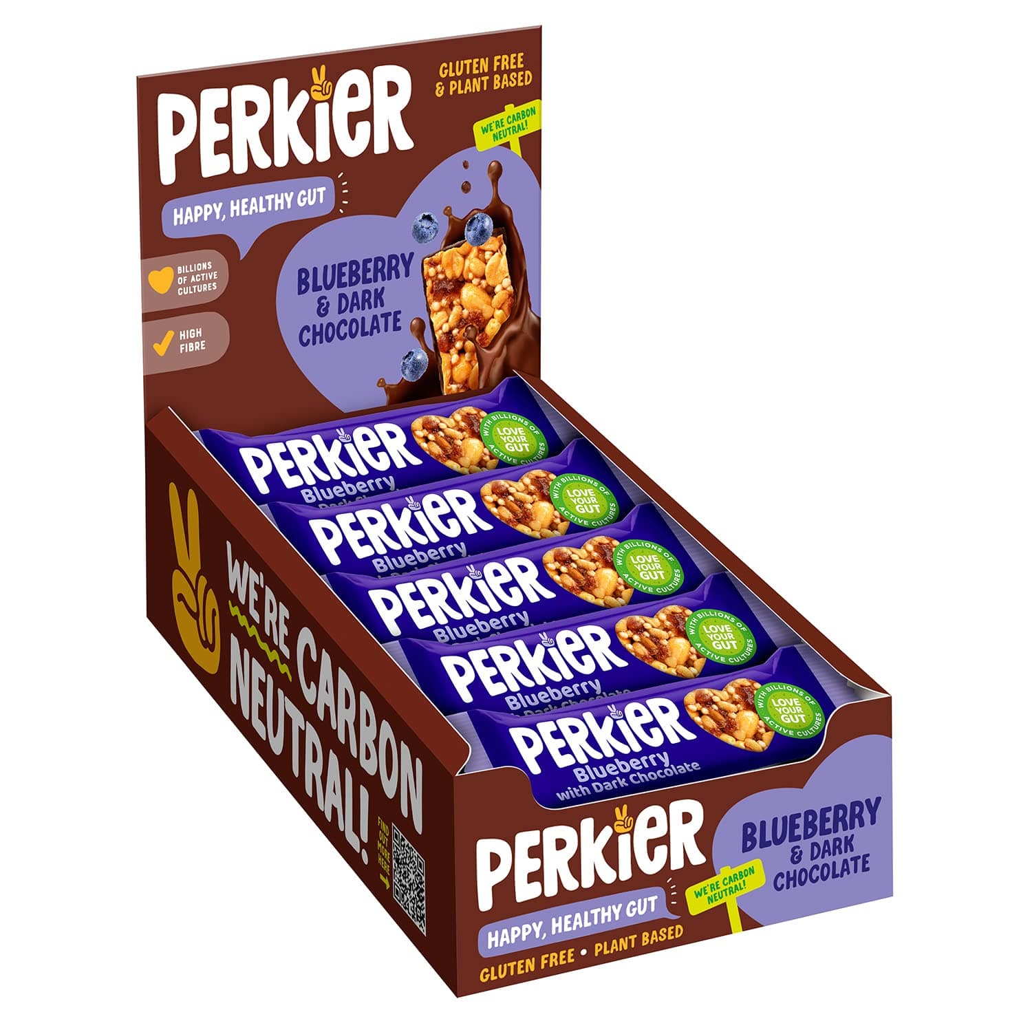 Perkier Bars, Blueberry & Dark Chocolate (15 Bars) - Healthy, Plant-Based and Gluten Free Low Calorie Snack Bars