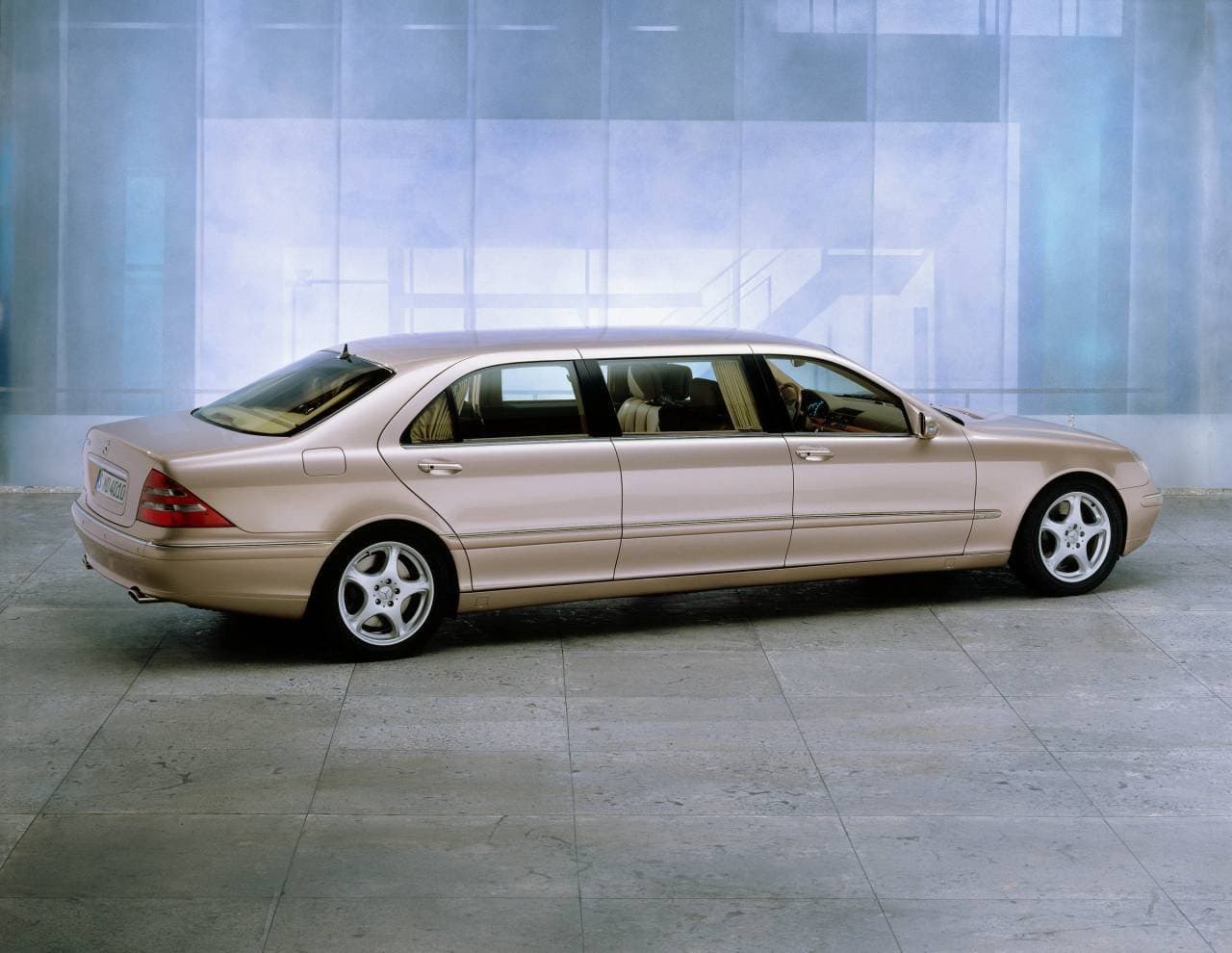 Mercedes-Benz S600 Pullman Car Art Poster Print on 10 mil Archival Satin Paper Beige Rear Side Studio View 24"x18"