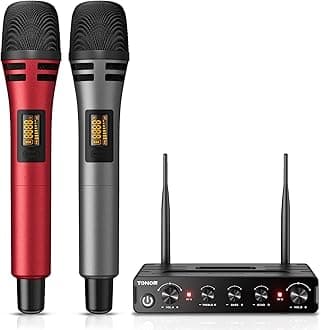TONOR Wireless Microphone Systems, Professional UHF Karaoke Microphone Set, Singing Microphone with Receiver for Karaoke, DJ Events, Churches, Weddings, Speeches, PA TW350 Red