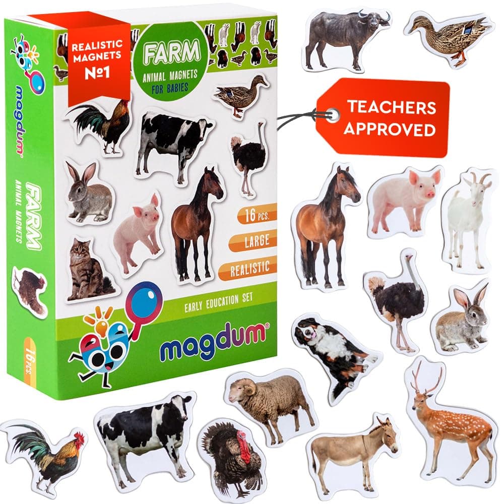 Farm Animal Magnets for Kids - Magdum - 16 Fridge Magnets - Realistic Farm Animals Learning Toy for Toddlers - Educational Preschool Set - Large Strong Durable Safe Magnets - Kids Gift