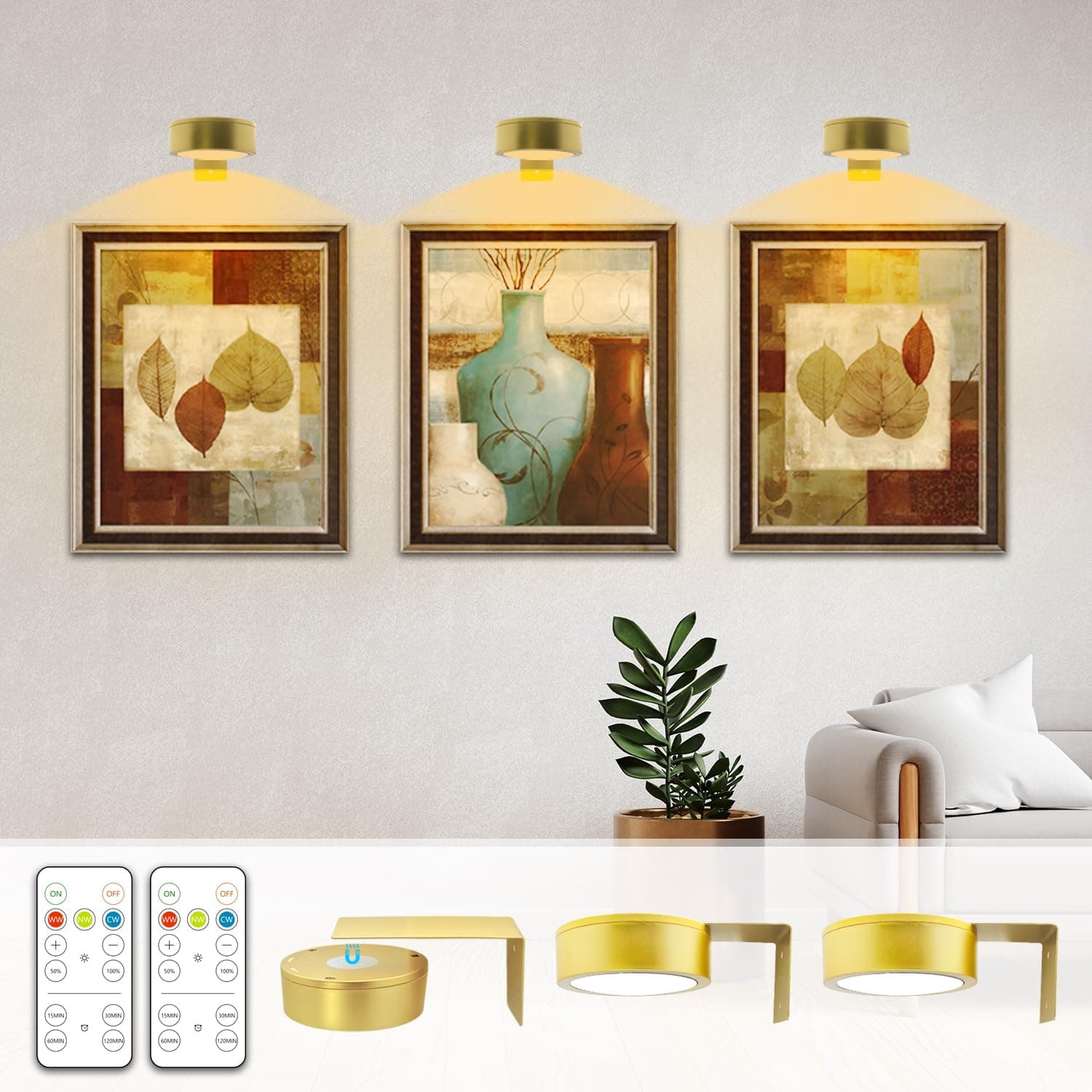 Battery Picture Light 3Pack Gold,Wireless Painting Light with Remote,3 Lighting&Dimmable,Wall Art for Painting Accent Light &Timer for Pictures Frames Gallery Potrait Magnetic