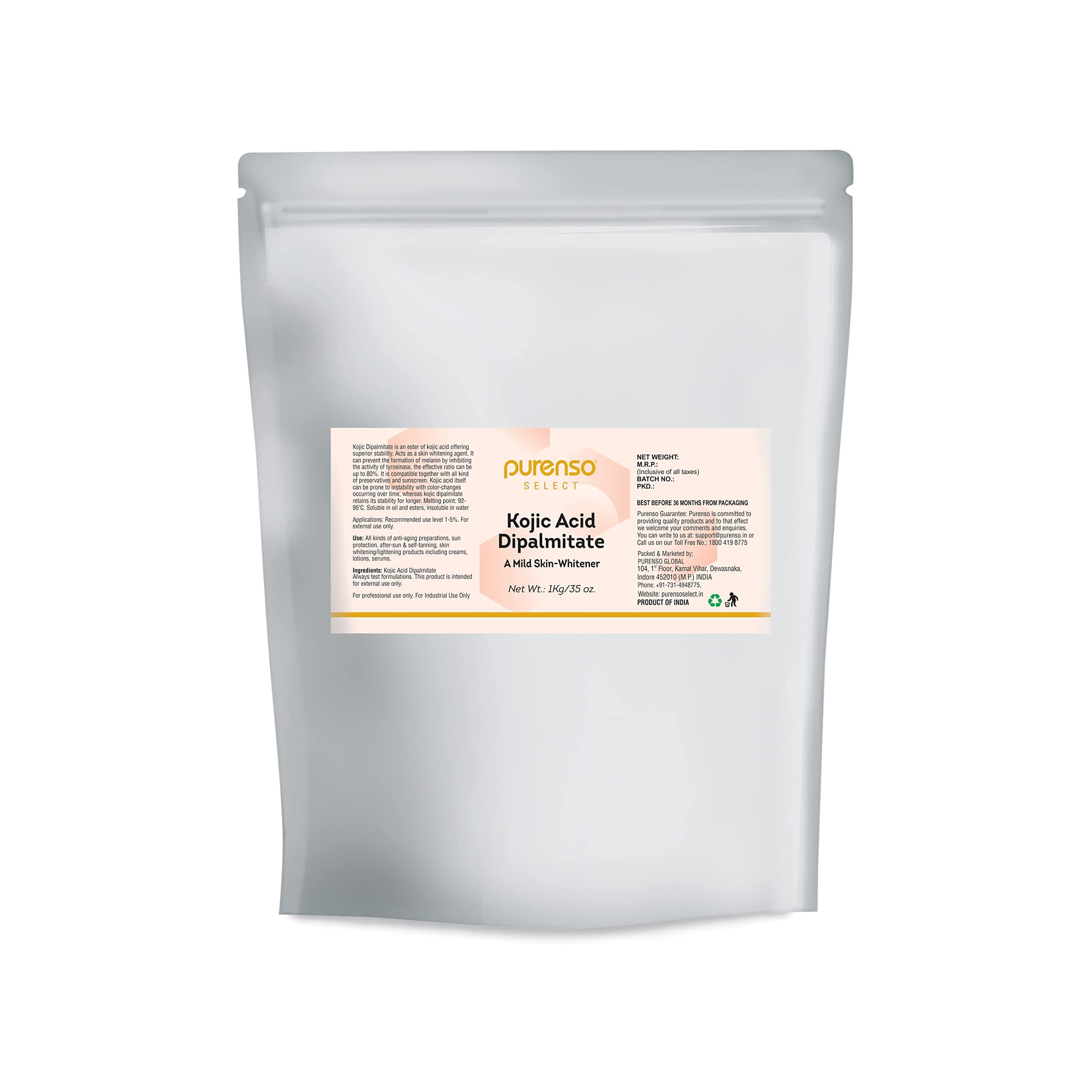 Purenso Select - Kojic Acid Dipalmitate, 1Kg | 100% Pure LIGHTENS & BRIGHTENS SKIN | Diminishes the Appearance of Brown Spots & Discoloration | for DIY Soaps, Creams, and Serums