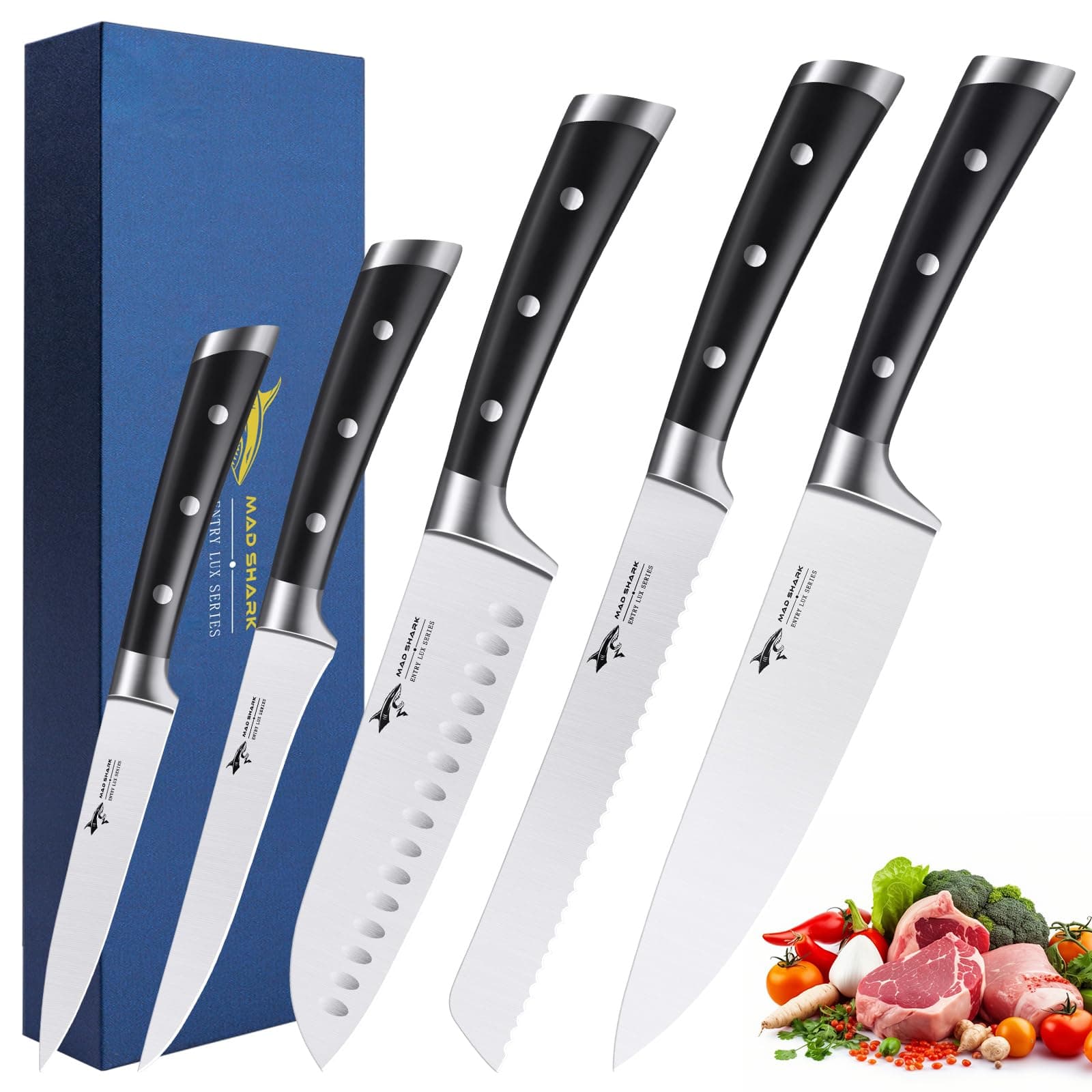 MAD SHARK knife set, 5-piece kitchen knife set with, german high carbon stainless steel knife, ultra sharp, ergonomic handle home cooking perfect cutlery set gift