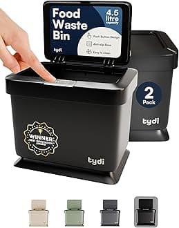 Tydi 4.5L Food Waste Bin with Press-Button Lid (2 Pack) – Compost Bins for Kitchen - Anti-Slip Base and Secure Lid Kitchen Compost – Small Indoor Caddy for Cupboard or Countertop – Black