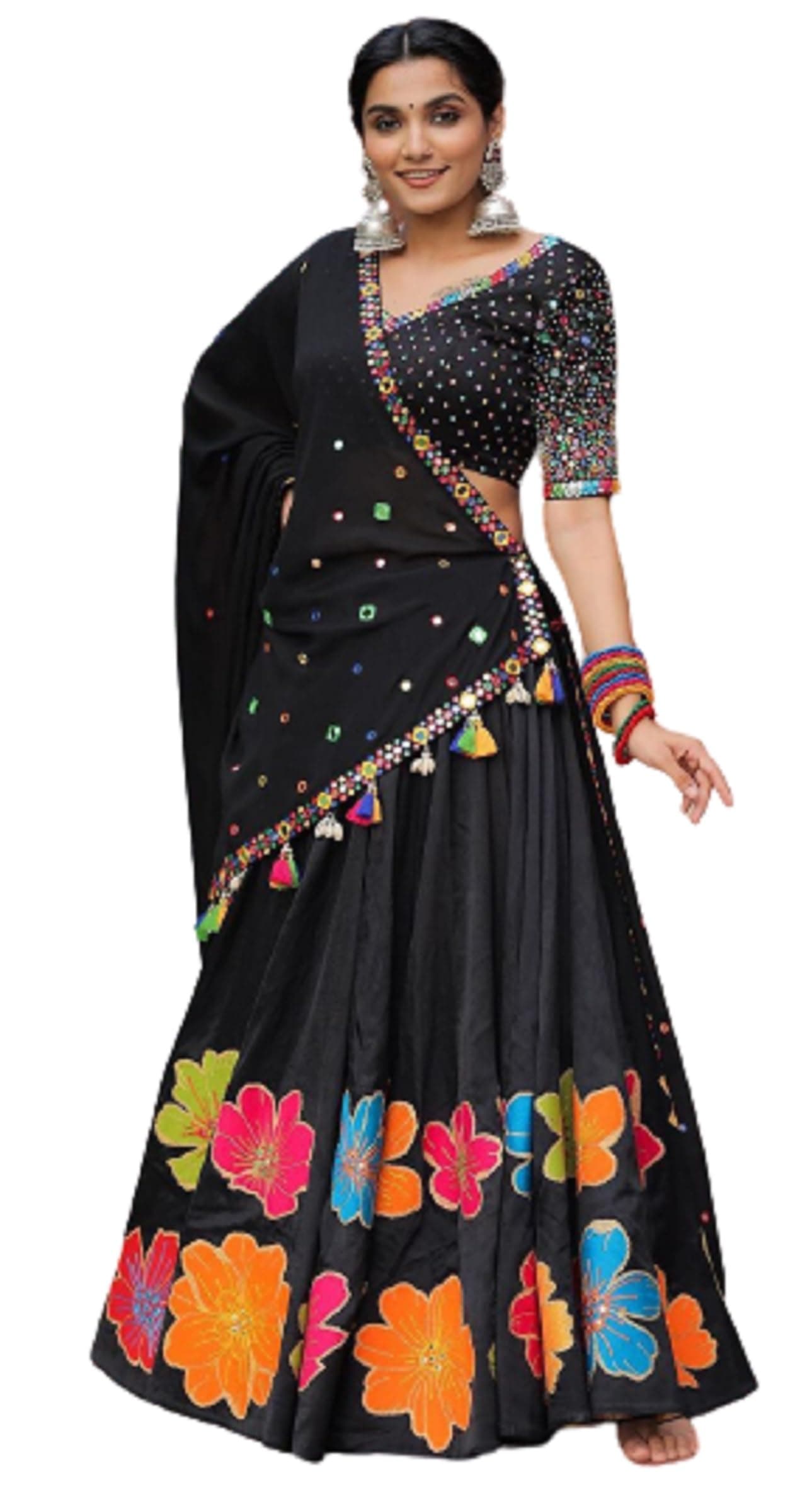 Royalstyle Women's Mirror Work Lehenga Choli For Special Events Black Color