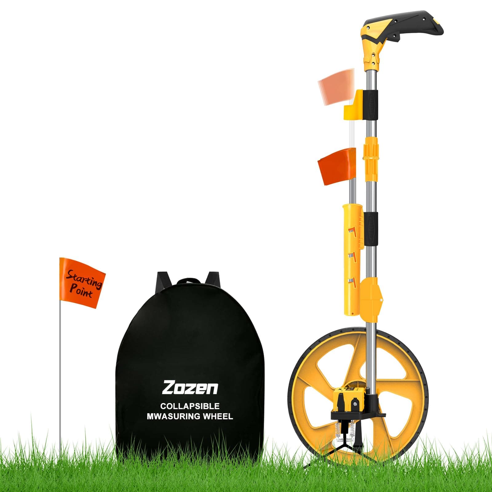 Zozen Distance Measuring Wheel in Feet and Inches, with 20pc Marking Flags and Flags Holder, Collapsible Measure Wheel - Imperial Industrial with Big Kickstand to Keep Stand, Include Backpack.