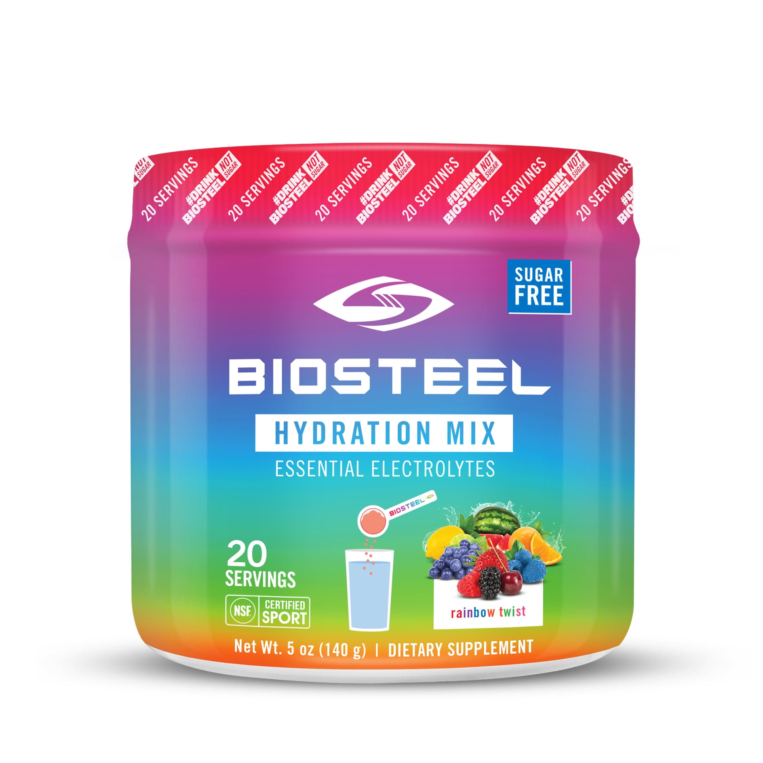 BioSteelZero Sugar Hydration Mix, Great Tasting Hydration with 5 Essential Electrolytes, Rainbow Twist Flavor, 20 Servings per Tub