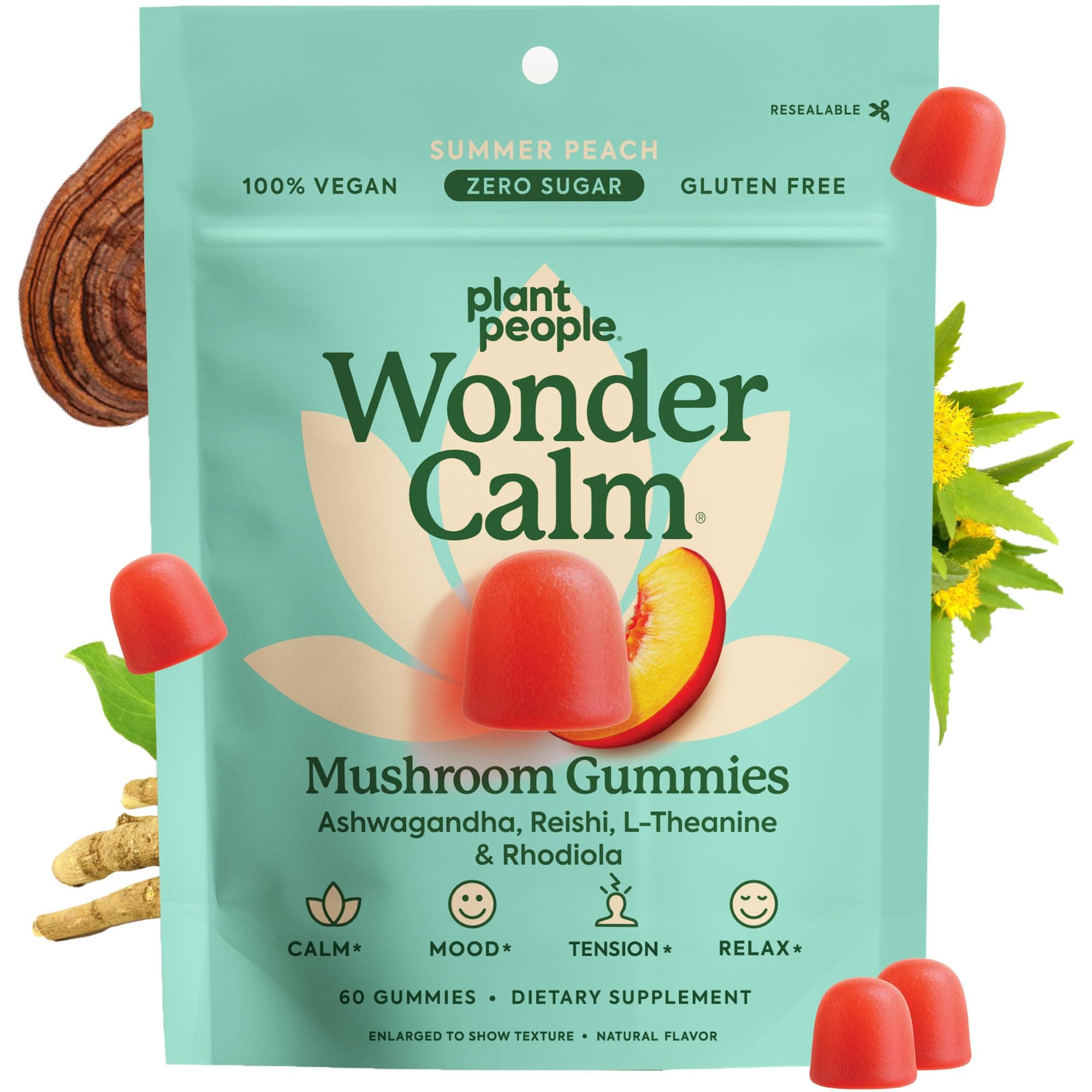 Plant People WonderCalm Mushroom Gummies - Natural Ashwagandha Supplement to Ease Stress & Boost Mood for Adults Without Sugar, Gluten or Artificial Colors, Vegan-Friendly, Peach Flavor, 60 Count