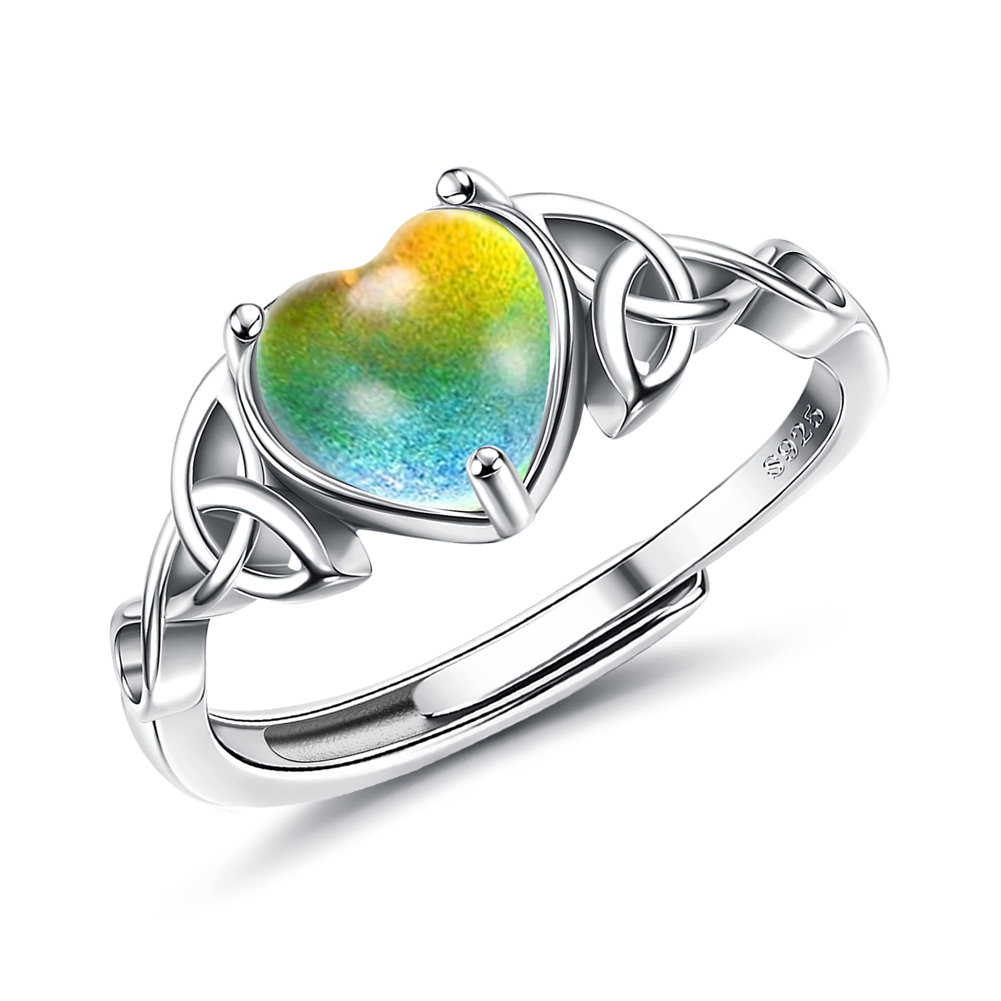 925 Sterling Silver Mood Rings for Women Girls Adjustable Handmade Heart Solitaire Ring Temperature-Control Changeable Ring Change Color Stackable Rings