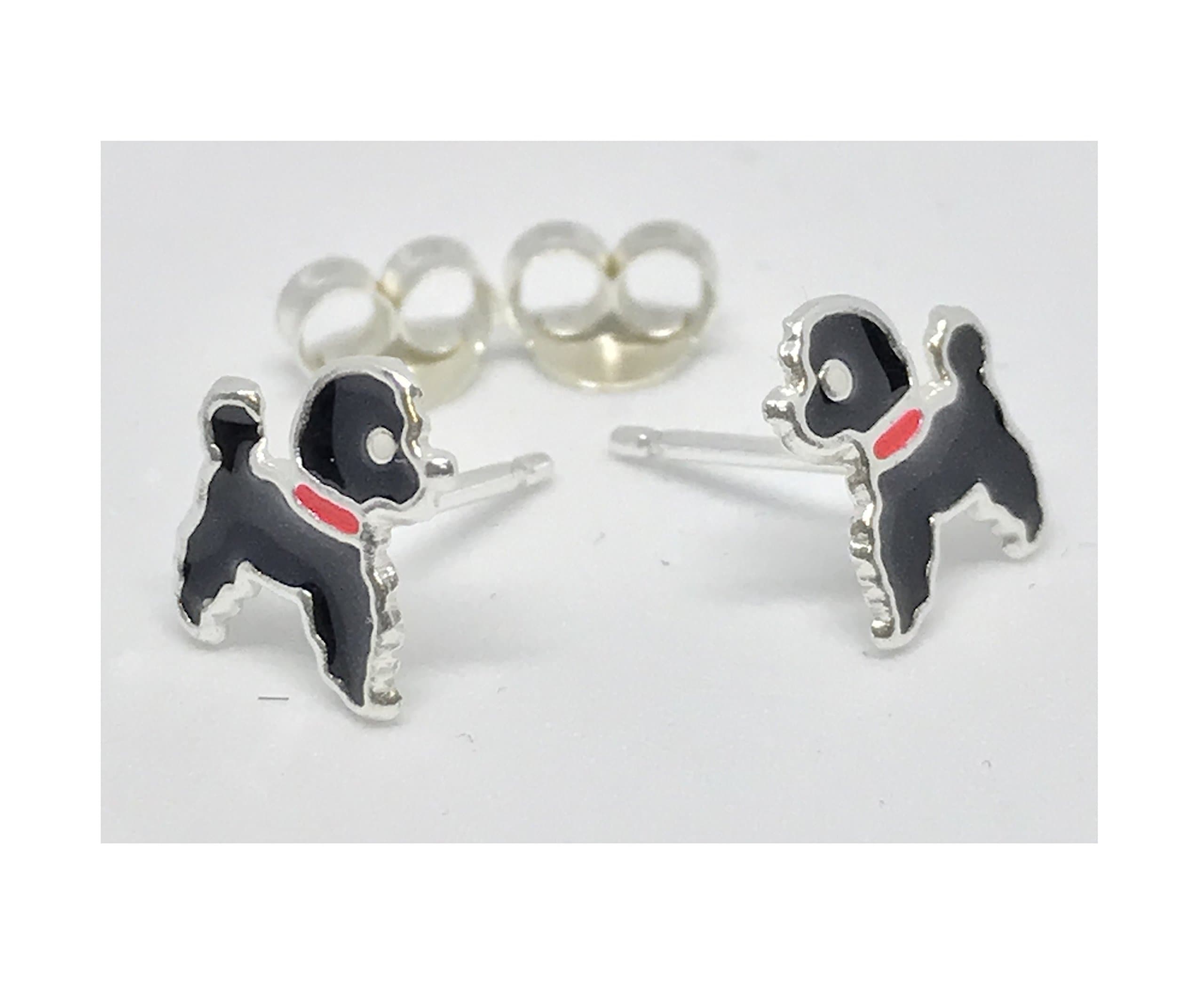 Children's Silver Black Poodle Dog Earrings - Ear Studs with Epoxy
