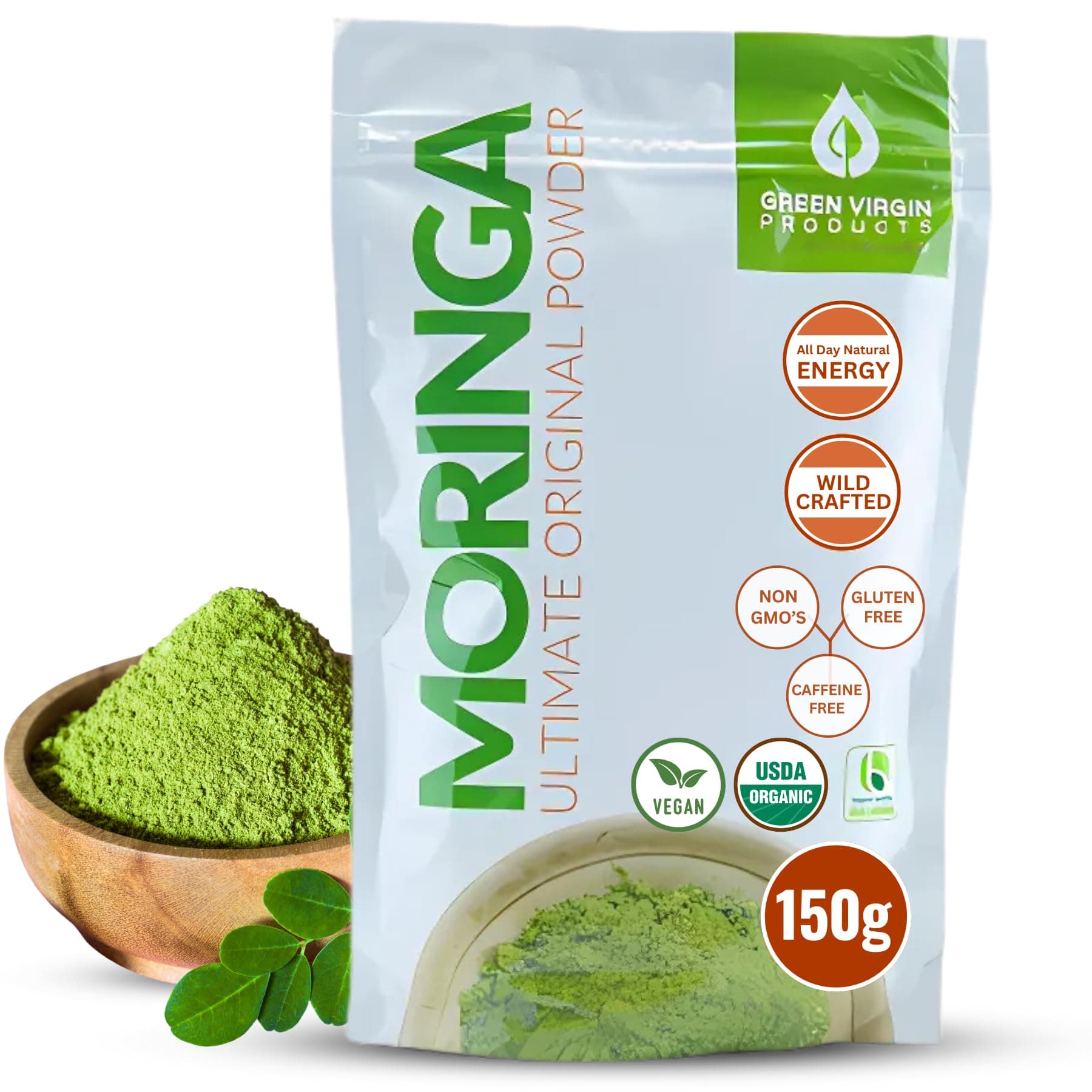 Organic Moringa Leaf Powder,150g, USDA Organic, Non-GMO, Gluten Free Superfood, Fresh Green Moringa Oleifera, Oxidation-Free 3-Layer Pouch, Perfect for Smoothies, Drinks, Tea