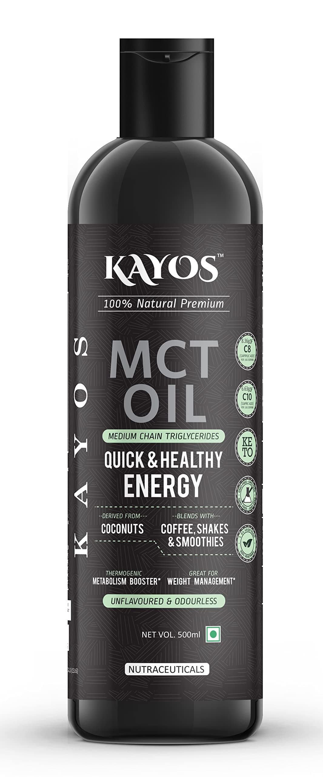 KAYOS - MCT Oil for Weight Management 490ml | Pure Coconut Sourced MCT C8 Oil | Keto Friendly Ketogenic MCT Oil for Keto Coffee | Pre-workout Supplement for Energy & Focus