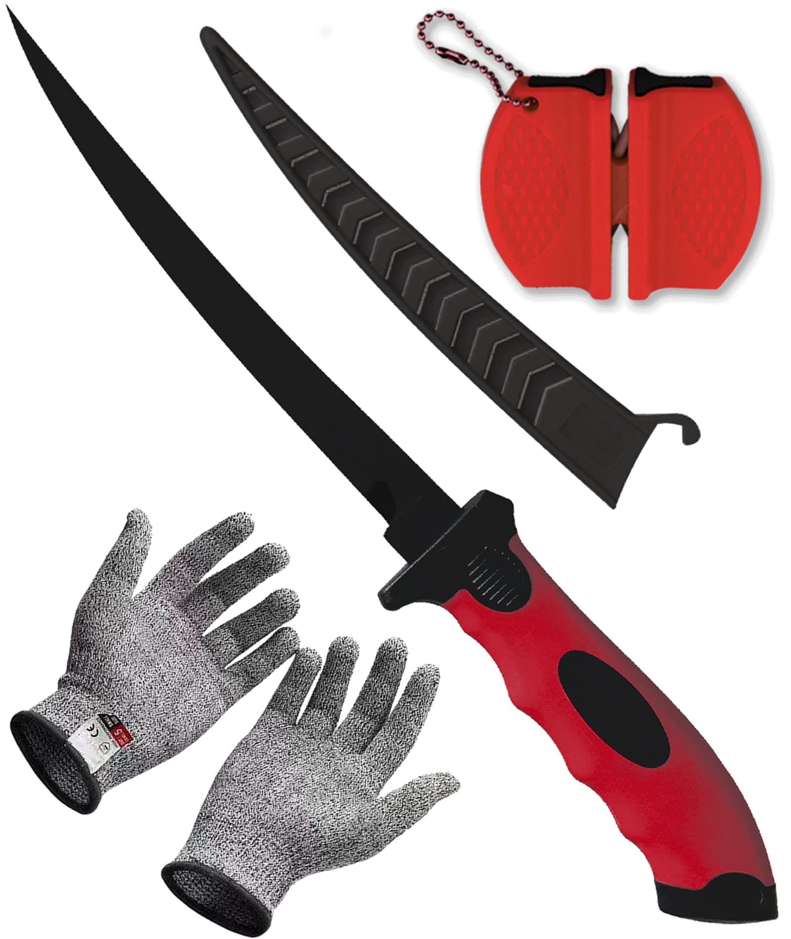 Fish Fillet Knife, 7 Inches Professional Fishing Fillet Knife Set Stainless Steel Blade in Corrosion Resistant Coating, with Sharpener and Cutting Resistant Gloves, for Fishing and Outdoor, Red