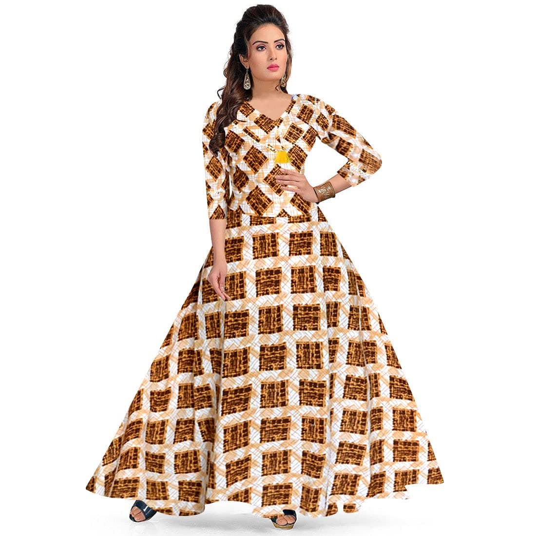 jwf Women's Cotton Fit and Flare Fabric Printed A-Line Maxi Midi Western Long Dress (Multicolour)