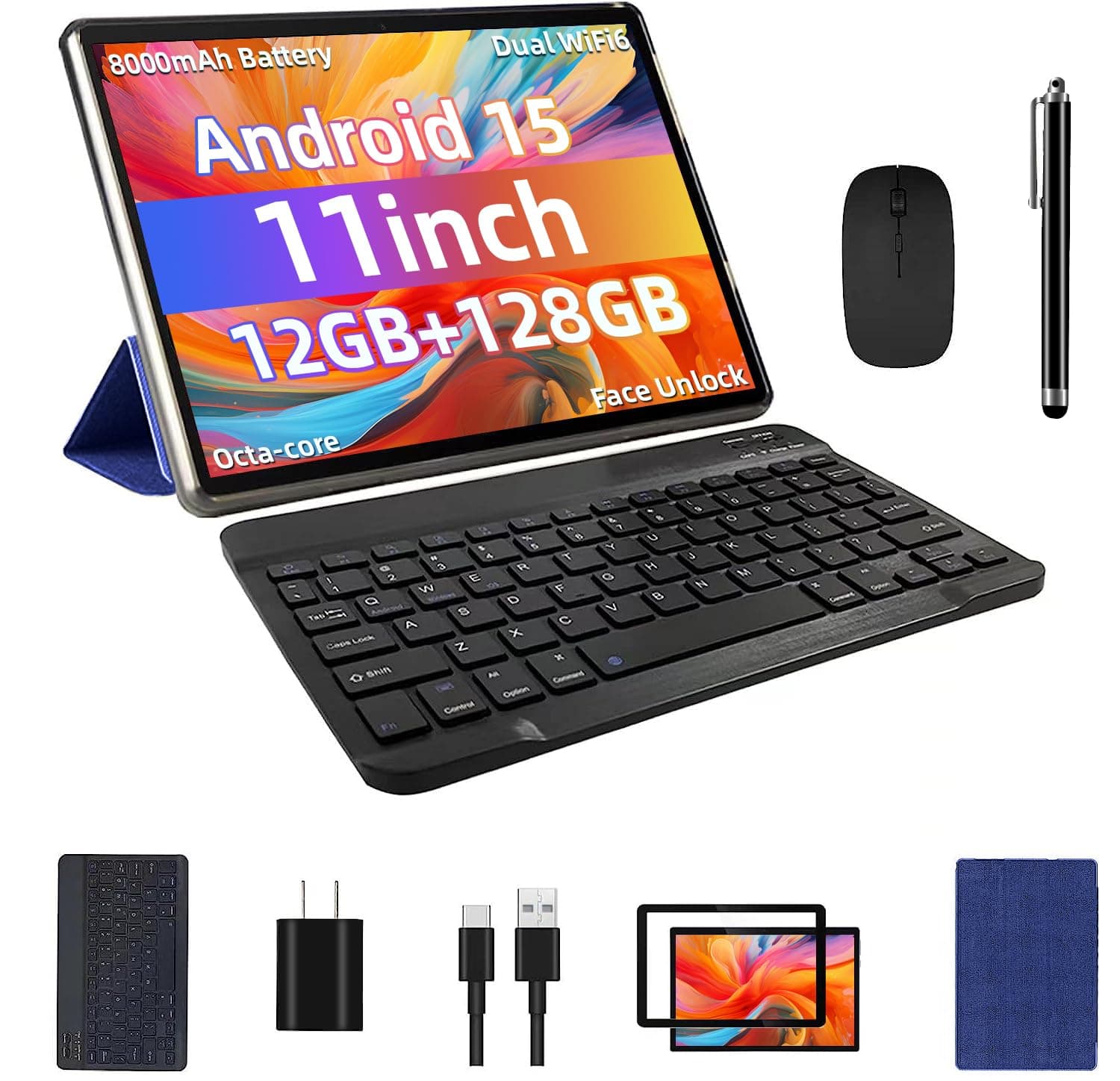 Android 15 Tablet 11inch, Face Unlock, 18W Fast Charging, 12GB+128GB+1TB Expand, Octa-core CPU, 8000mAh Large Battery, WiFi6, Touchscreen Display, Widevine L1 Tableta, Blue