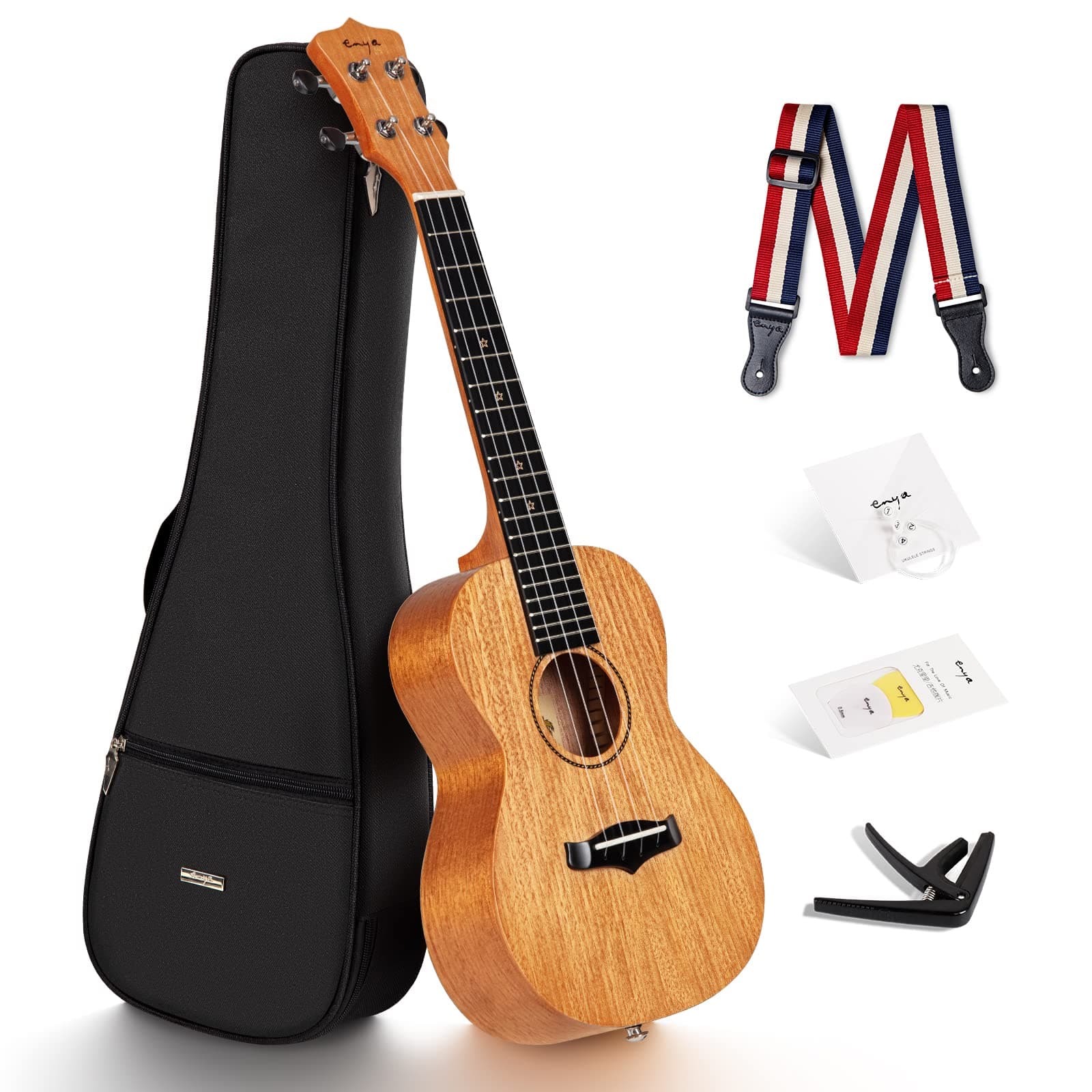 Enya Concert Ukulele EUC-25D 23 Inch Solid Mahogany Top - Beginner Kit with Gig Bag, Capo, Strap & Picks - Professional Sound Quality for Beginners & Adults (Natural Color)