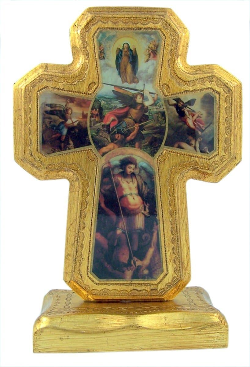 Gold Leaf Wooden Standing Cross Featuring Images of the Archangel Saint Michael, 7 Inch