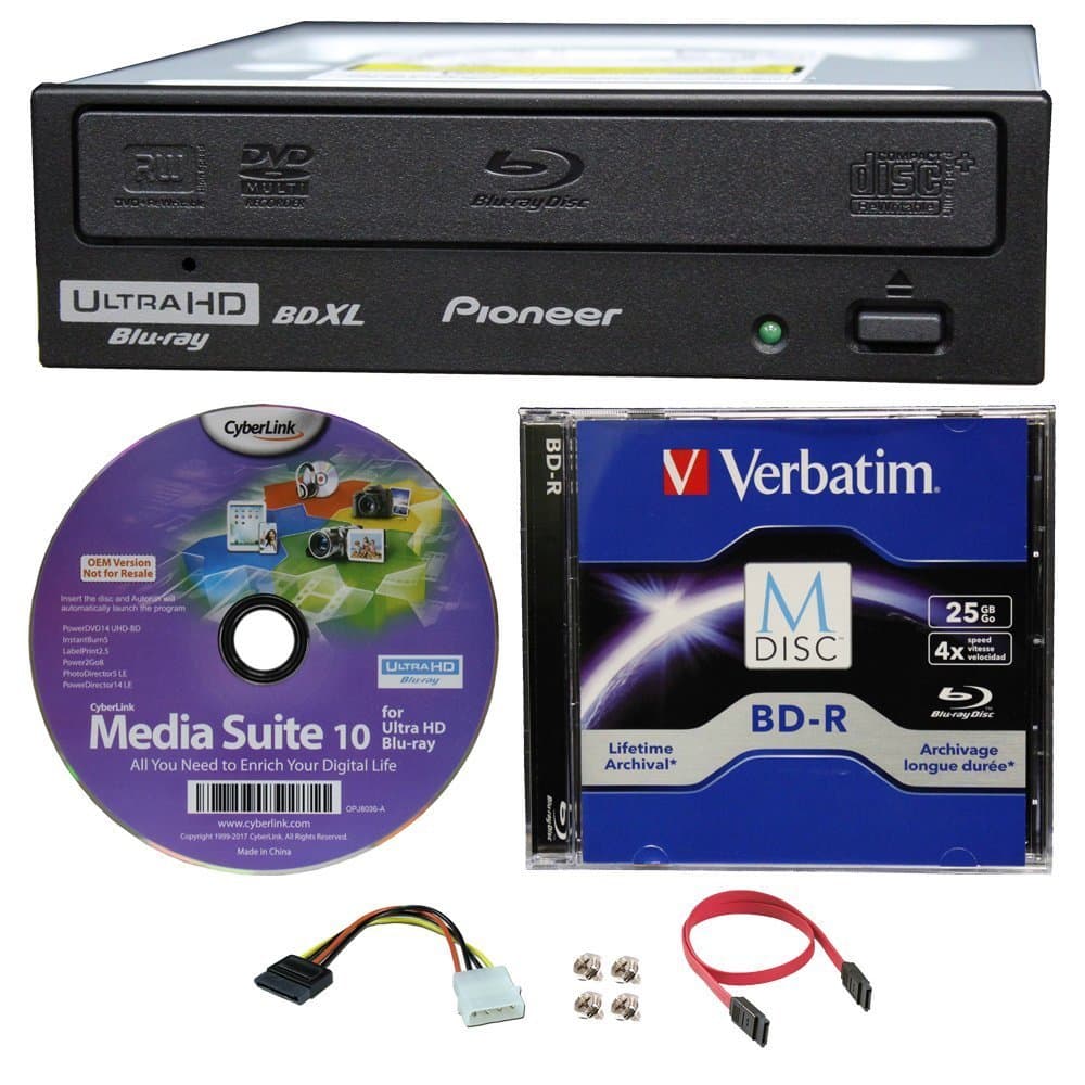 Pioneer BDR-211UBK Internal Ultra HD 4K Blu-ray BDXL Burner with 25GB Verbatim M-Disc BD-R,Cyberlink and Cable