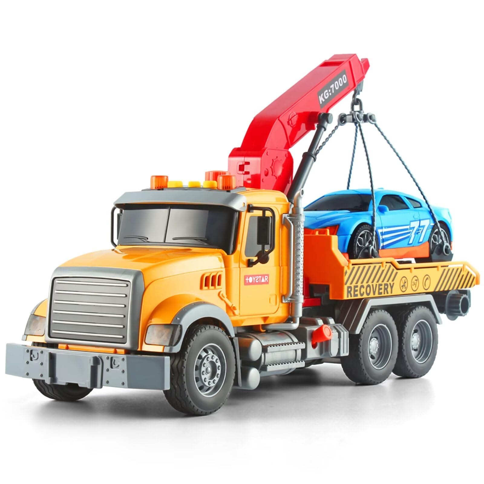 Dwi Dowellin Kids Toys for 3 4 5 6 7 Years Old Boys, 15" Large Tow Truck Toy,Friction Powered Transport Truck Crane Toy with Lights and Sounds,with Roadster,Toddlers Gifts