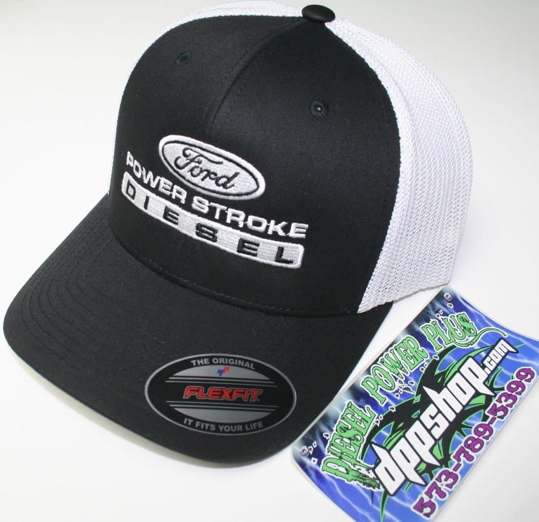 Flexfit Fitted Ford Powerstroke Trucker Ball Cap hat Diesel Truck Gear Flex fit White Black mesh