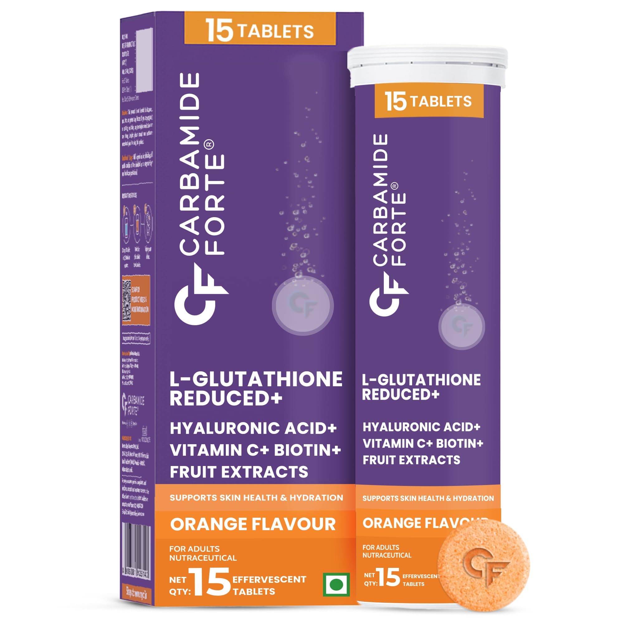 Carbamide Forte Glutathione Effervescent | Japanese Reduced L Glutathione 600mg with Vitamin C, Hyaluronic Acid, Vitamin E & Biotin - 15 Effervescent Tablets