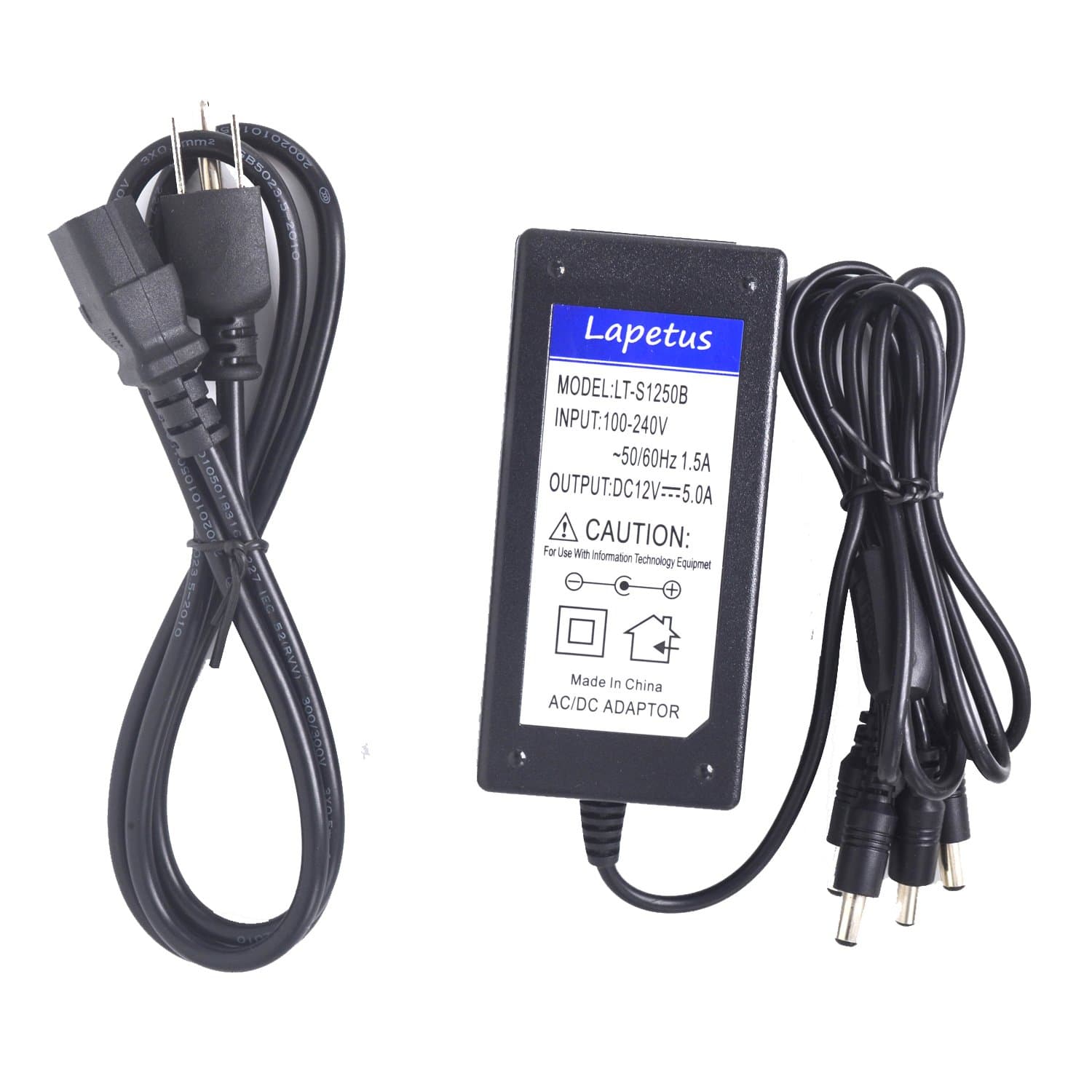 Lapetus 100V - 240V to DC 12V 5A Switching Power Supply Adapter 1 to 4 Power Splitter for Security Cameras and LED Strip Light
