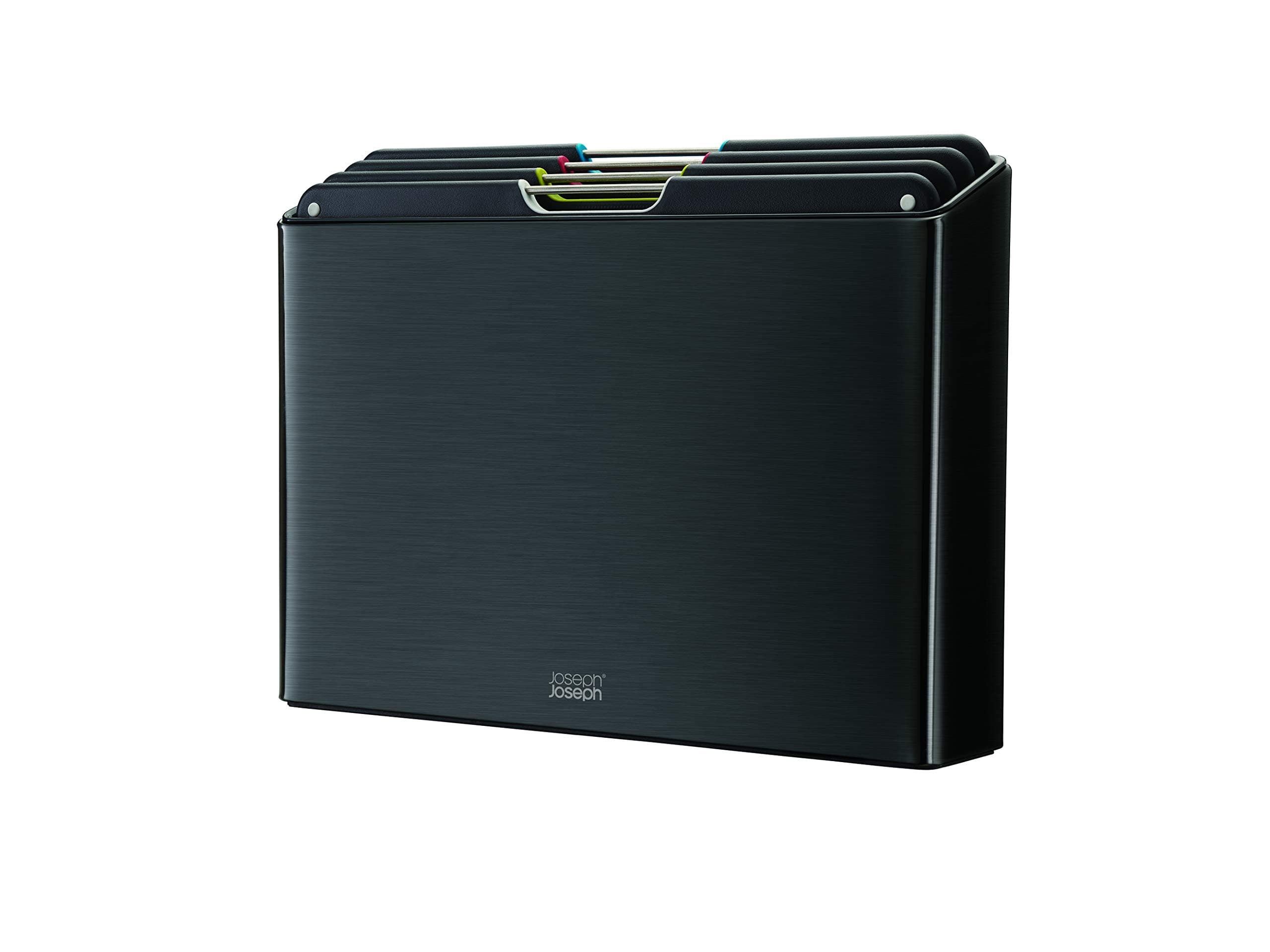 Joseph Joseph Folio 4-Piece Colour coded Cutting Board Set, Stainless Steel Slimline case for organized Kitchen storage, Black