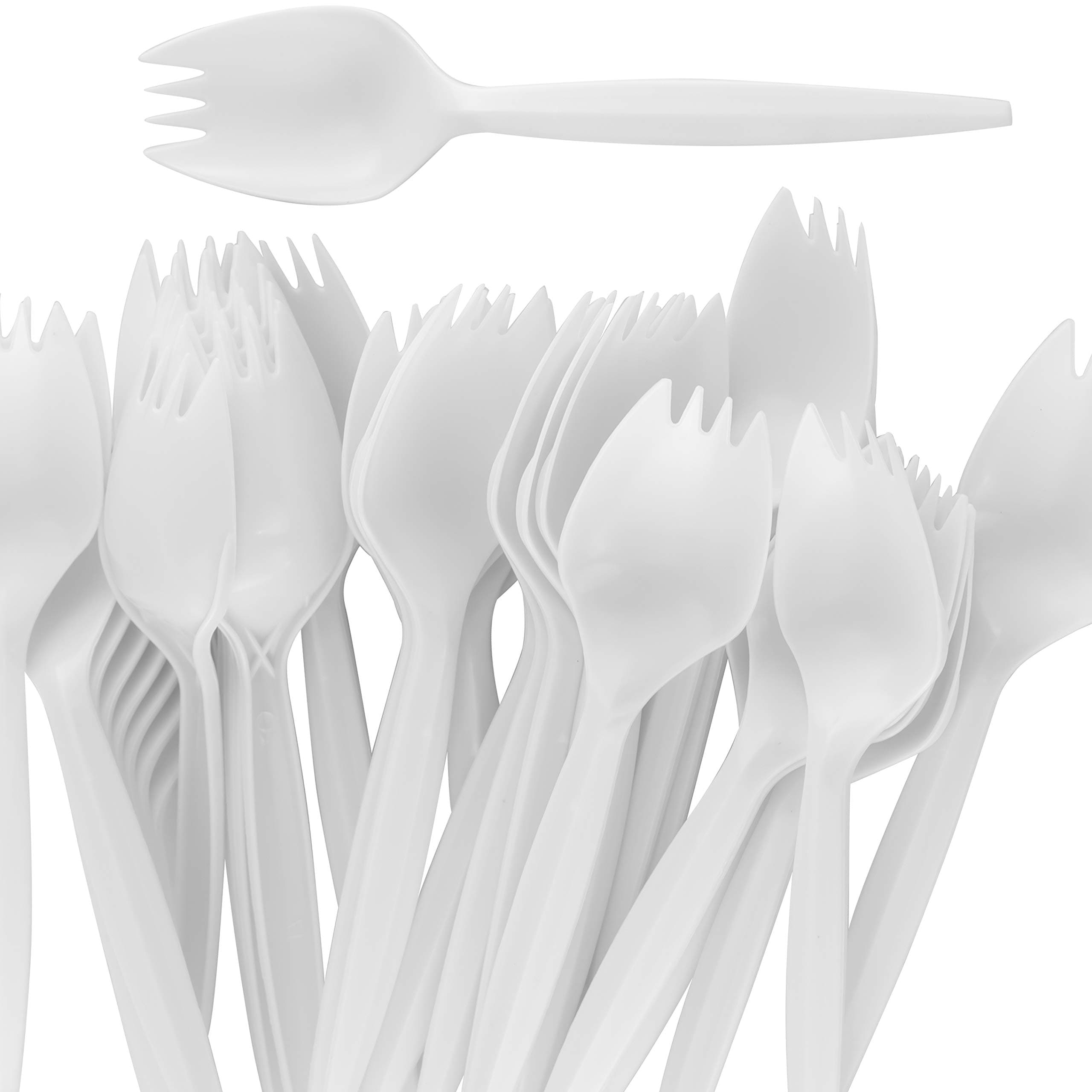 Durable BPA-Free White Disposable Sporks 50 pack. Recyclable, Eco-Friendly, Travel and Kid Safe Fork and Spoon 2-in-1 Eating Utensils. Cutlery for School Lunch, Picnics, Camping and Arts and Crafts