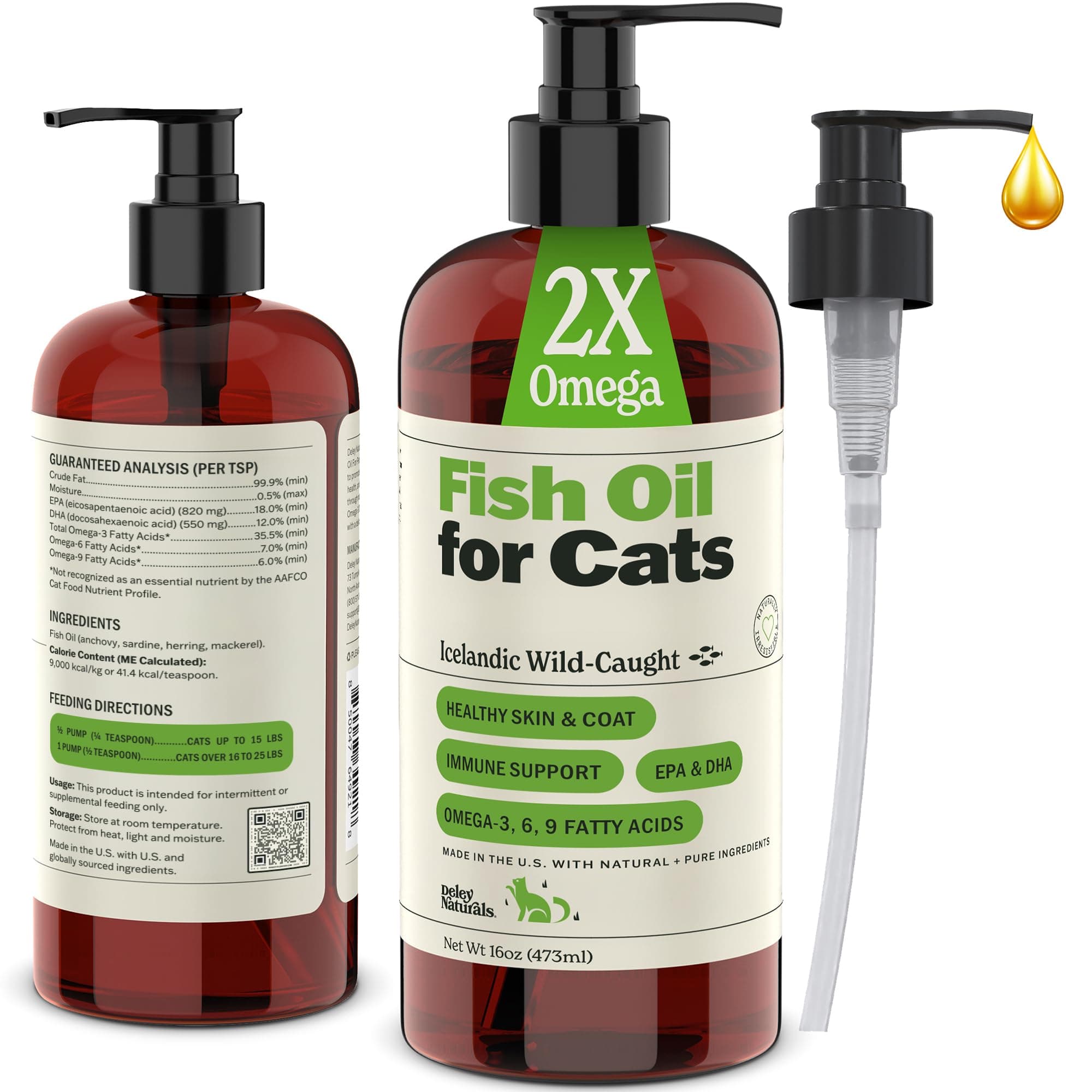 Deley Naturals Wild Caught Fish Oil for Cats with 2X Omega - Cat Fish Oil with Highest EPA & DHA Potency - Omega 3 for Cats for Shedding, Skin, Coat, Joints, Heart and Immune System - Made in the USA