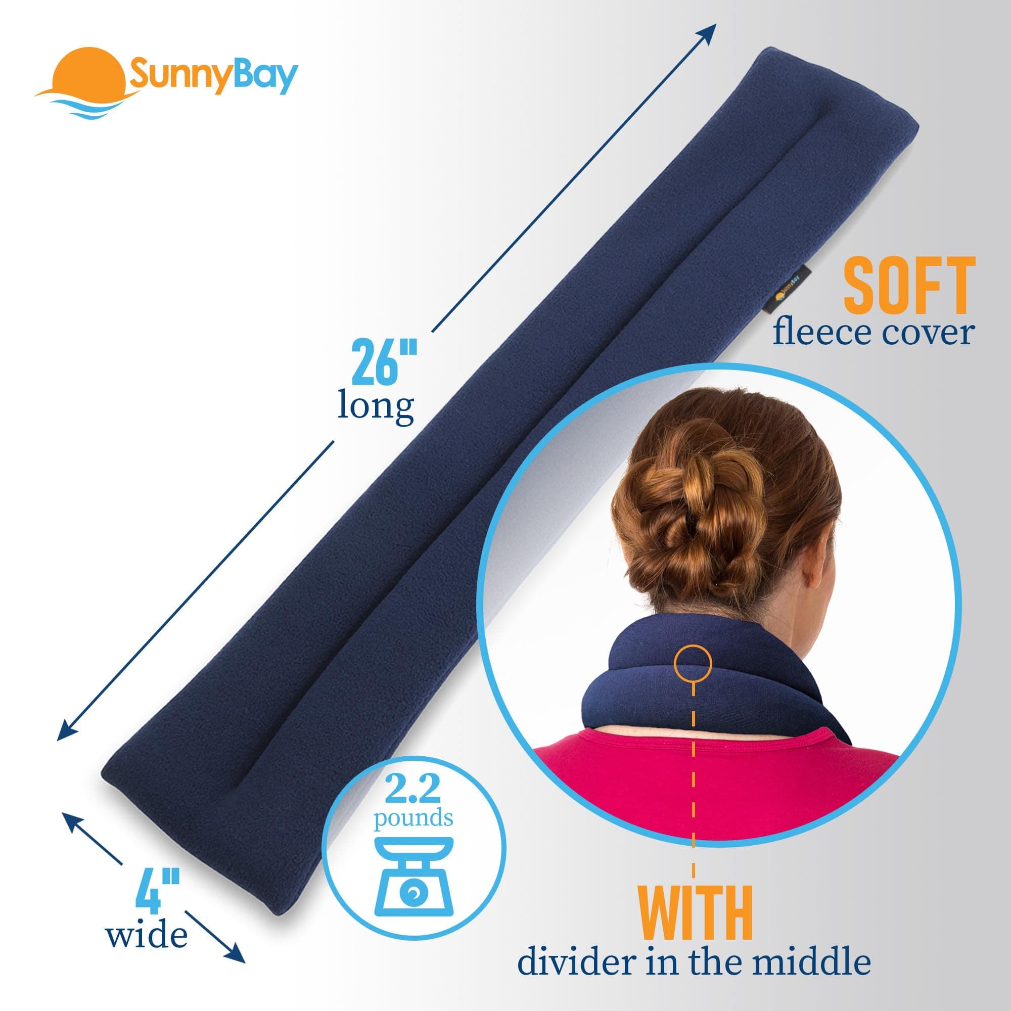 Sunny Bay Microwavable Neck Heating Wrap, Extra Long, 25"X5", Microwave Hot/Cold Pad, Reusable, Portable, Navy Blue