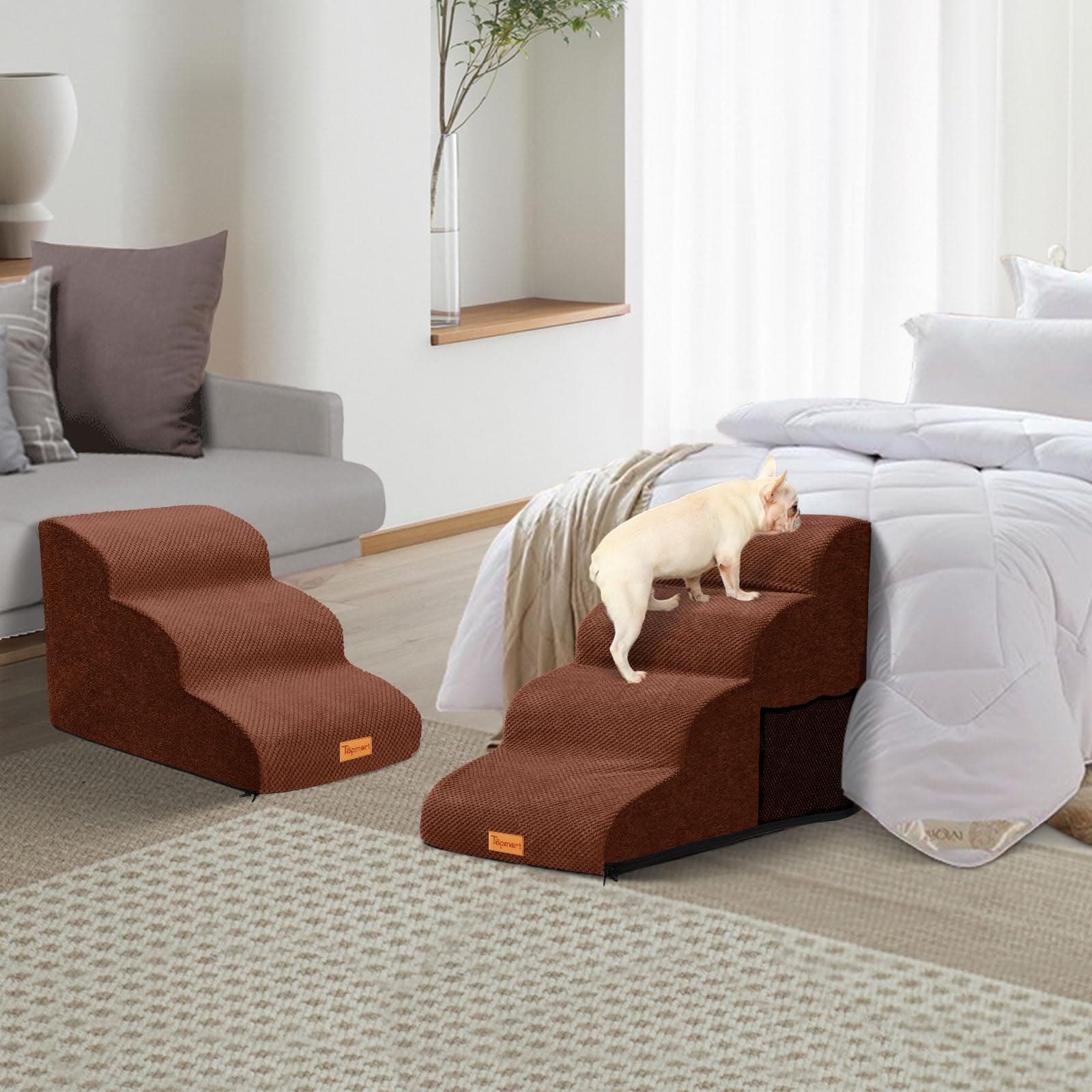 Dog Stairs for Small Dogs,4-Step,Foam Dog Steps&Ramps for Couch/High Beds with Waterproof &Removable Cover, Non-Slip,Brown