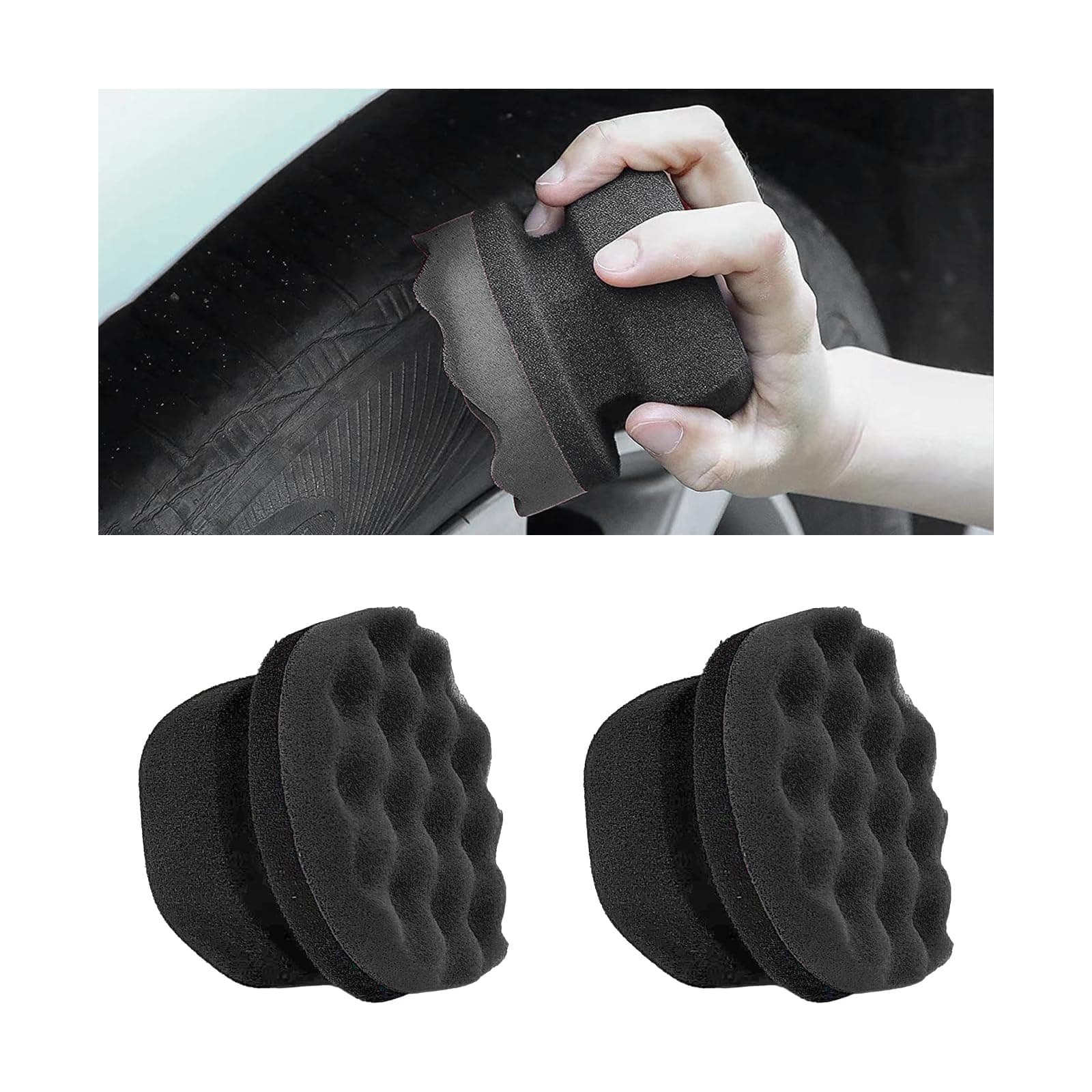 KVAEY 2 PCS Tire Dressing Applicator Pads, Reusable Hex Grip Tire Shine Applicator Polishing Sponge Pads, Wheel Tire Shine Detailing Foam for Most Vehicles, Car Accessories (Black, 3.15")