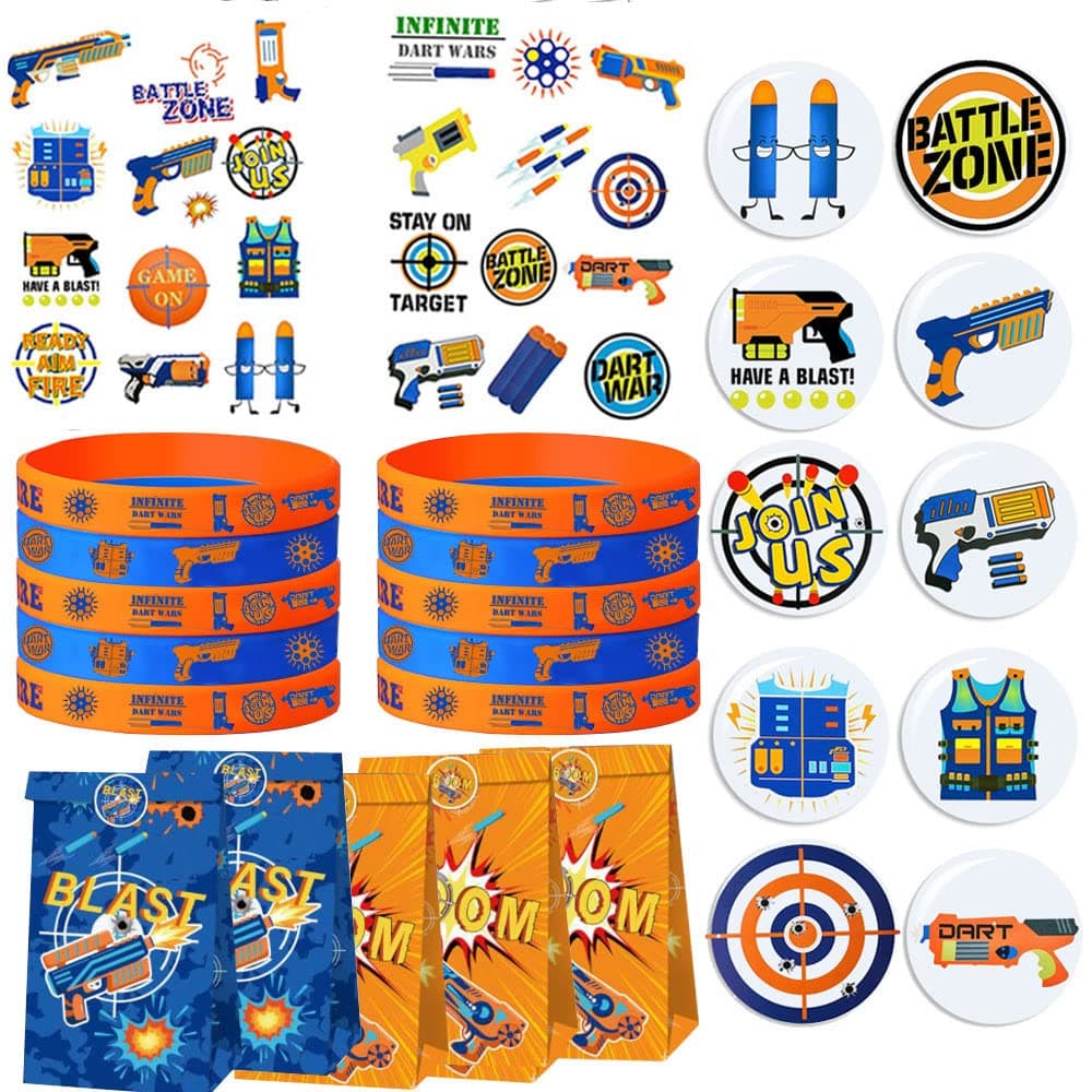 Ghberll 60pcs Dart War Birthday Party Favor Supplies - Dart War Silicone Wristbands, Temporary Tattoos,Goodie Gift Bags, Stickers and Badges for Baby Shower Guns & Blasters Party Supplies,Small