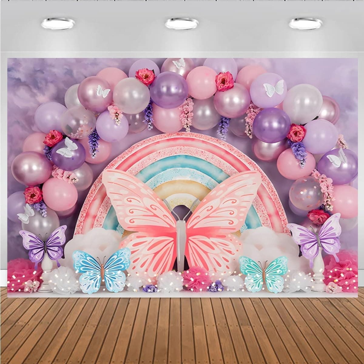 Butterfly Balloons Backdrop Rainbow Arch 1st Birthday Party Decoration Purple Vinyl 7X5FT
