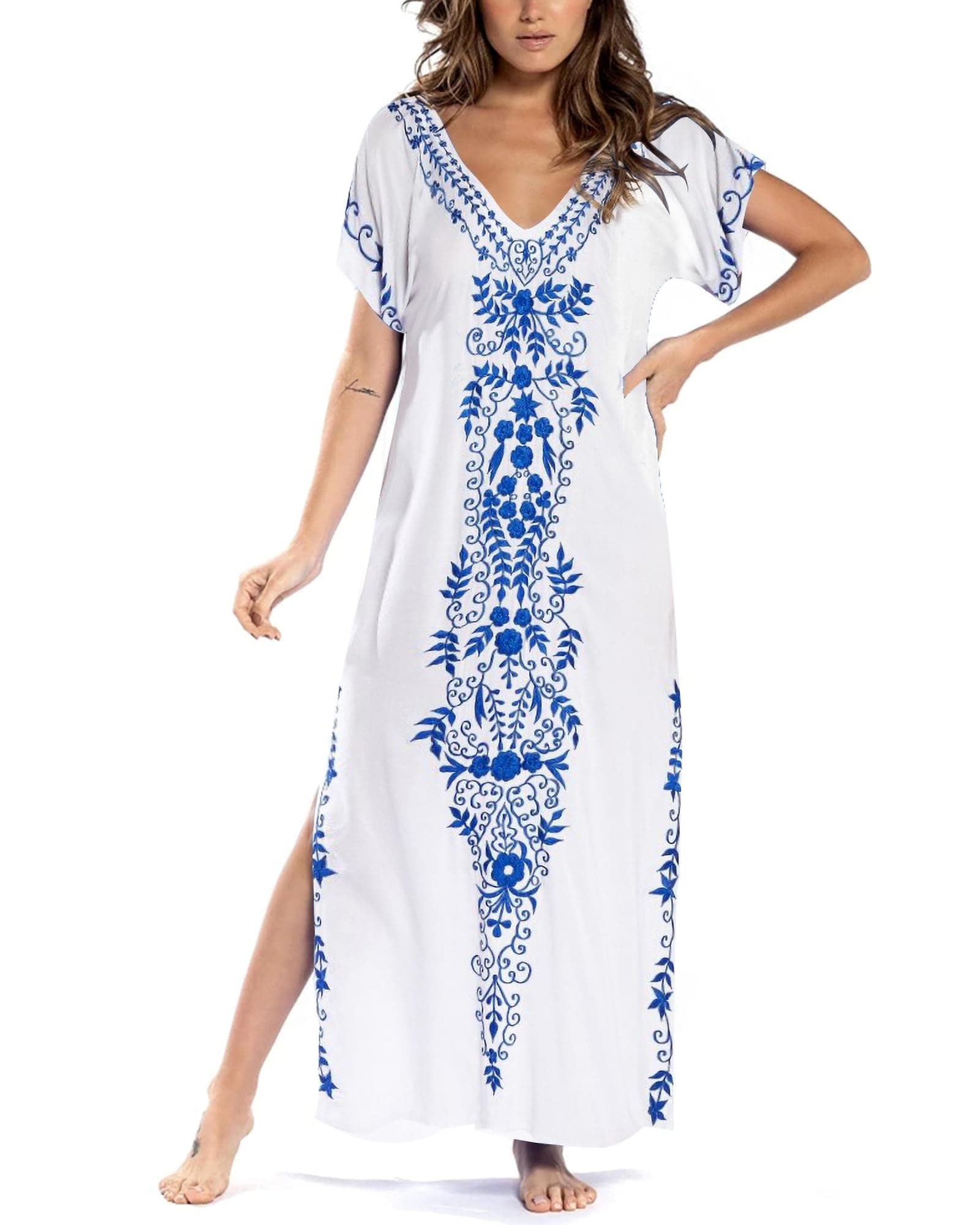 Gold Embroidery Long Kaftan Dresses V Neck Caftan Dress Beach Cover Ups for Women