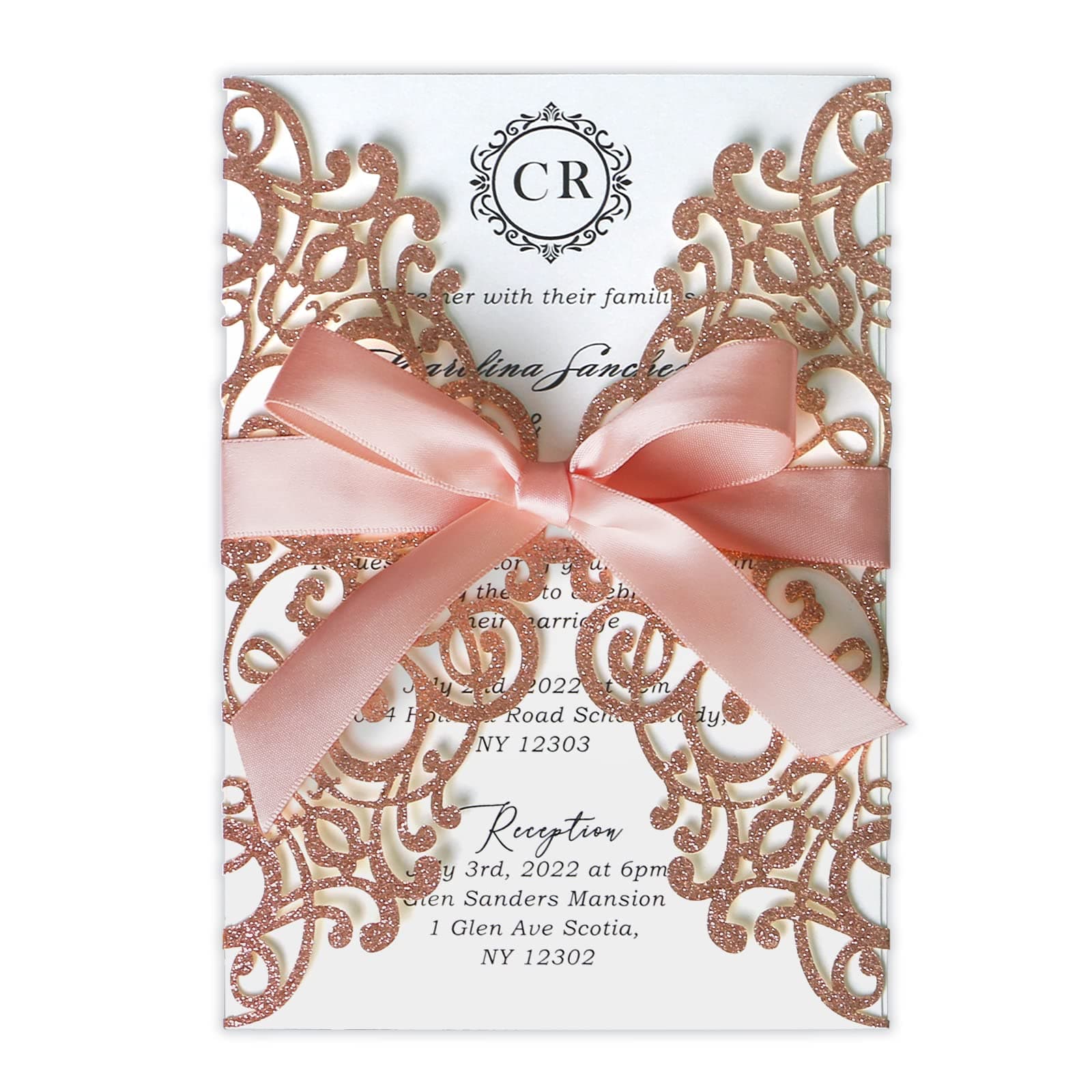 ponatia 25PCS 5.12 x 7.1 '' Rose Gold Glitter Laser Cut Wedding Invitations Cards with Envelopes for 5x7 Invitation Cards Wedding Baby Bridal Shower Engagement Sweet 16 Birthday Invite