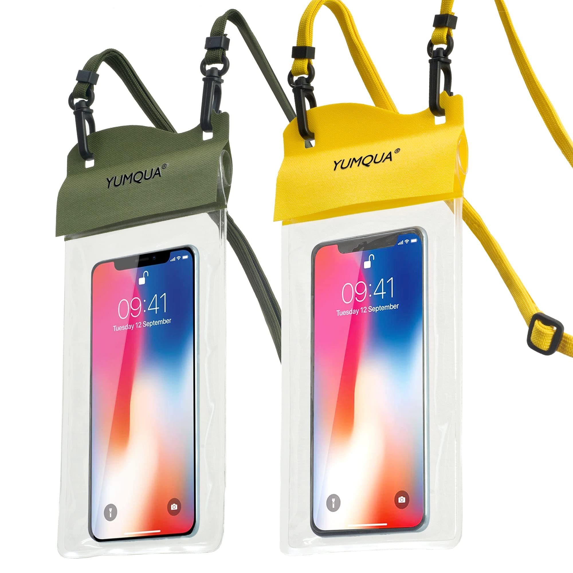 YUMQUALarge Waterproof Phone Pouch 2 Pack, IPX8 Waterproof Cell Phone Case Dry Bag Compatible with iPhone 15 14 13 12 11 Pro Max/Galaxy S23 Ultra S22 Pixel 4 XL Up to 7.5", Army Green+Yellow
