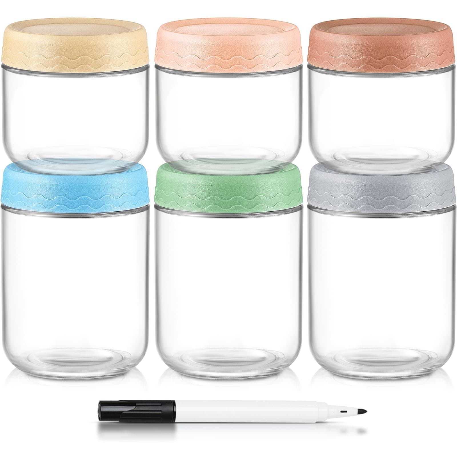 DRKIO 10 & 16 Oz Overnight Oats Containers with Lids - 6 Pack Glass Storage Jars with Airtight Lids Wide Mouth Mason Food Jars Great for Meal Prep Salad Chia Puddirg Snacks Yogurt Sugar Spice Cereal